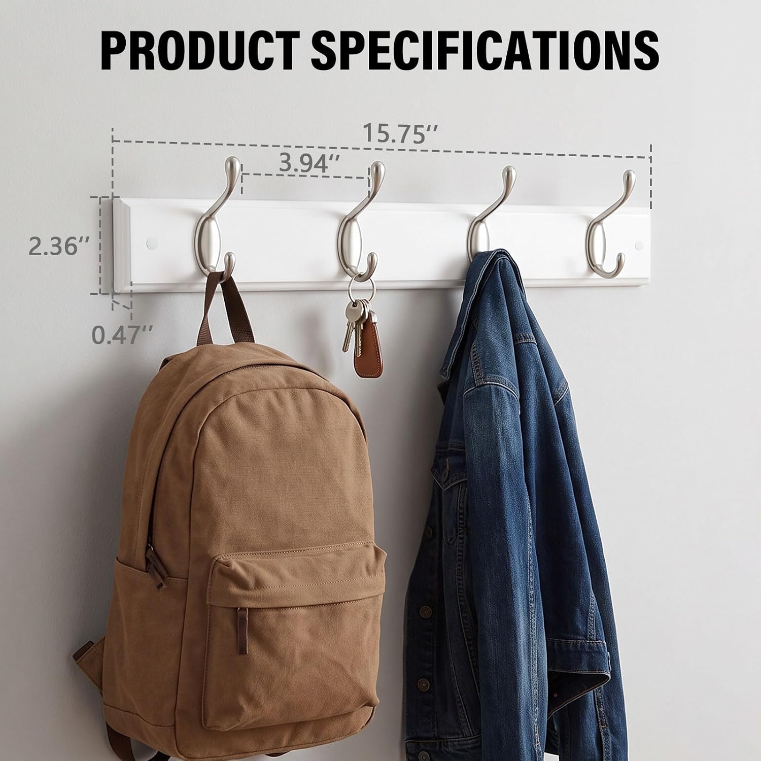 Coat Rack Wall Mount with 4 Hooks - Modern Wall Mounted Coat Rack - Heavy Duty Wall Hooks for Hanging Clothes,Backpacks,Hats,Keys - Sliver or White Coat Hook for Entryway,Bathroom,Bedroom