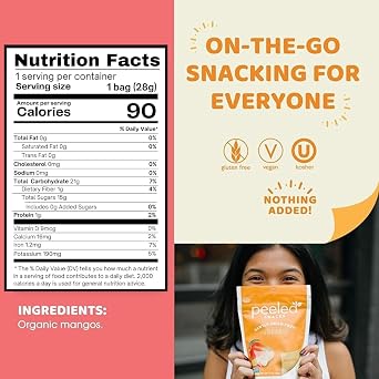 Peeled Snacks Organic Dried Fruit Healthy, Vegan Snacks for On-the-Go Lunch and More Mango 1 Oz (Pack of 24)