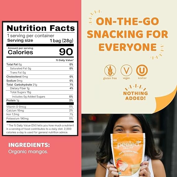 Peeled Snacks Organic Dried Fruit Healthy, Vegan Snacks for On-the-Go Lunch and More Mango 1 Oz (Pack of 24)