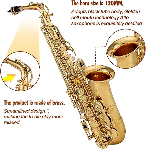 Miniatura 4 de Aisiweier Gold E - Saxofón alto plano de latón grabado Eb E-Flat blanco natural, botón de carcasa con cepillo para cinturón