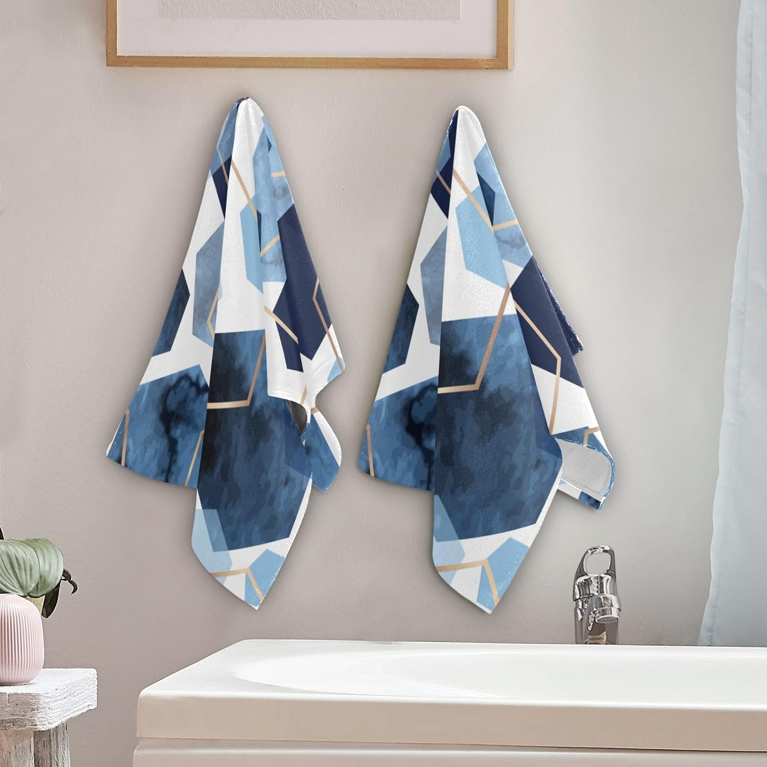 Navy Blue Geometric Hand Towels Set of 2 Soft Modern Art Sky Blue Abstract Bath Fingertip Towels Decorative Hand Towels for Bathroom Guest Face Towel Kitchen Dish Towels 14"x28" image 3