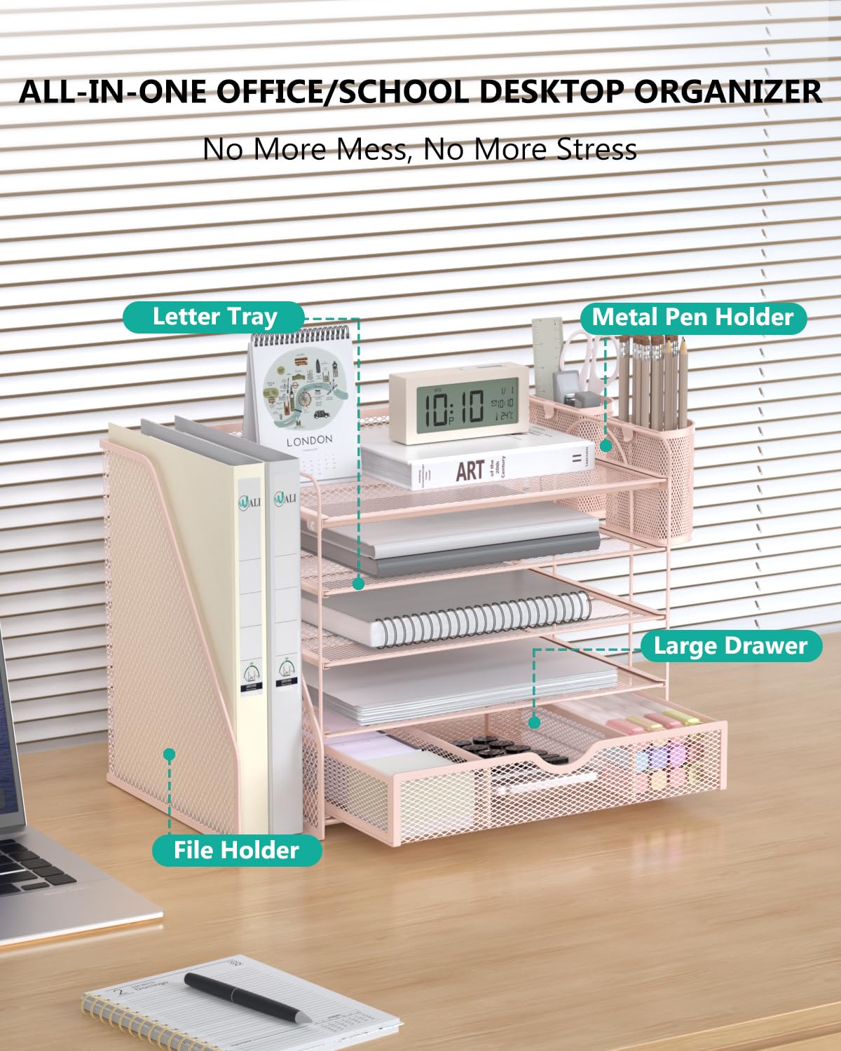 WALI Desk File Organizer, 5 Tier Desktop Paper Letter Tray Organizer with Drawer and 2 Pen Holders, Office Desk Accessories & Workspace Organizers for Office, Home Supplies(DO006DH-P), 1 Pack, Pink view 3