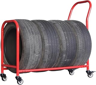 Soporte de almacenamiento de acero resistente para neumáticos con ruedas de bloqueo, ideal para camiones, SUV, cómodo transporte de neumáticos, color rojo