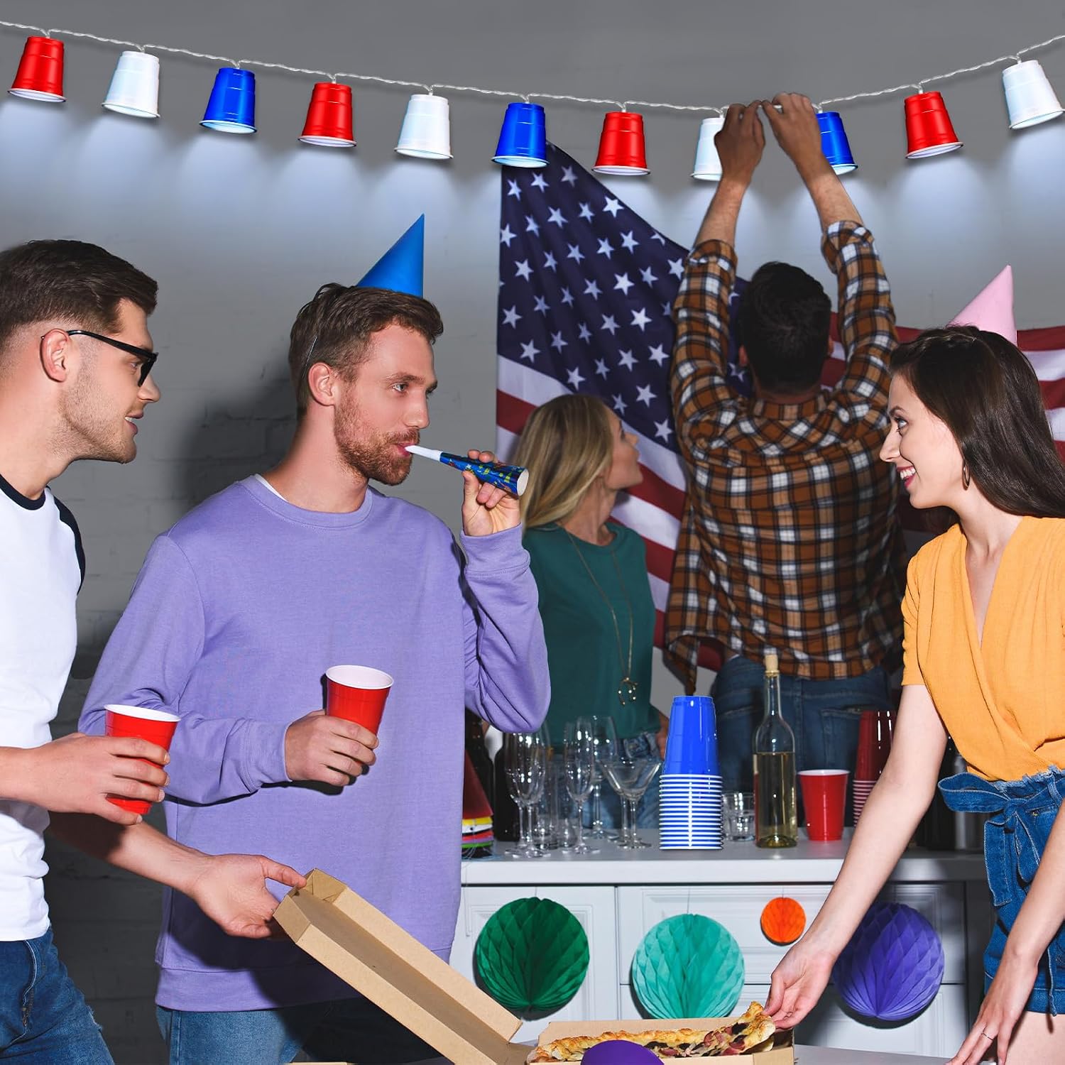 Hiboom 2 Pack Red White and Blue Cups Light, Shot Cup Fairy String Lights Battery Operated LED for Memorial Day Patriotic Decor 4th of July Independence Day Bar Graduation RV Party Decoration (13ft)