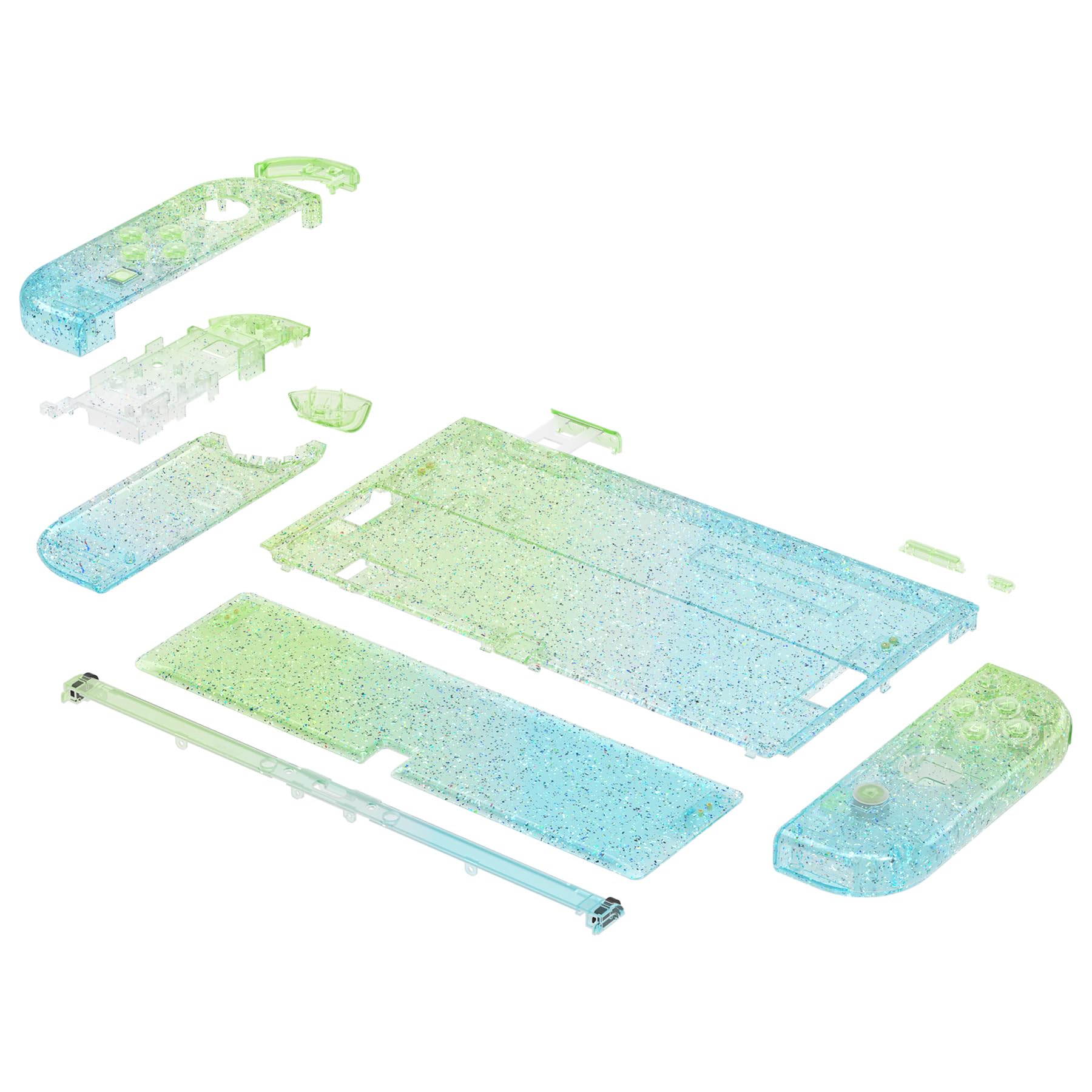 eXtremeRate Coque Complète de Remplacement avec Bouton pour Nintendo Switch OLED, Coque avec Bouton avec Support pour PC Personnalisé pour Nintendo Switch OLED, Transparent Bleu Vert