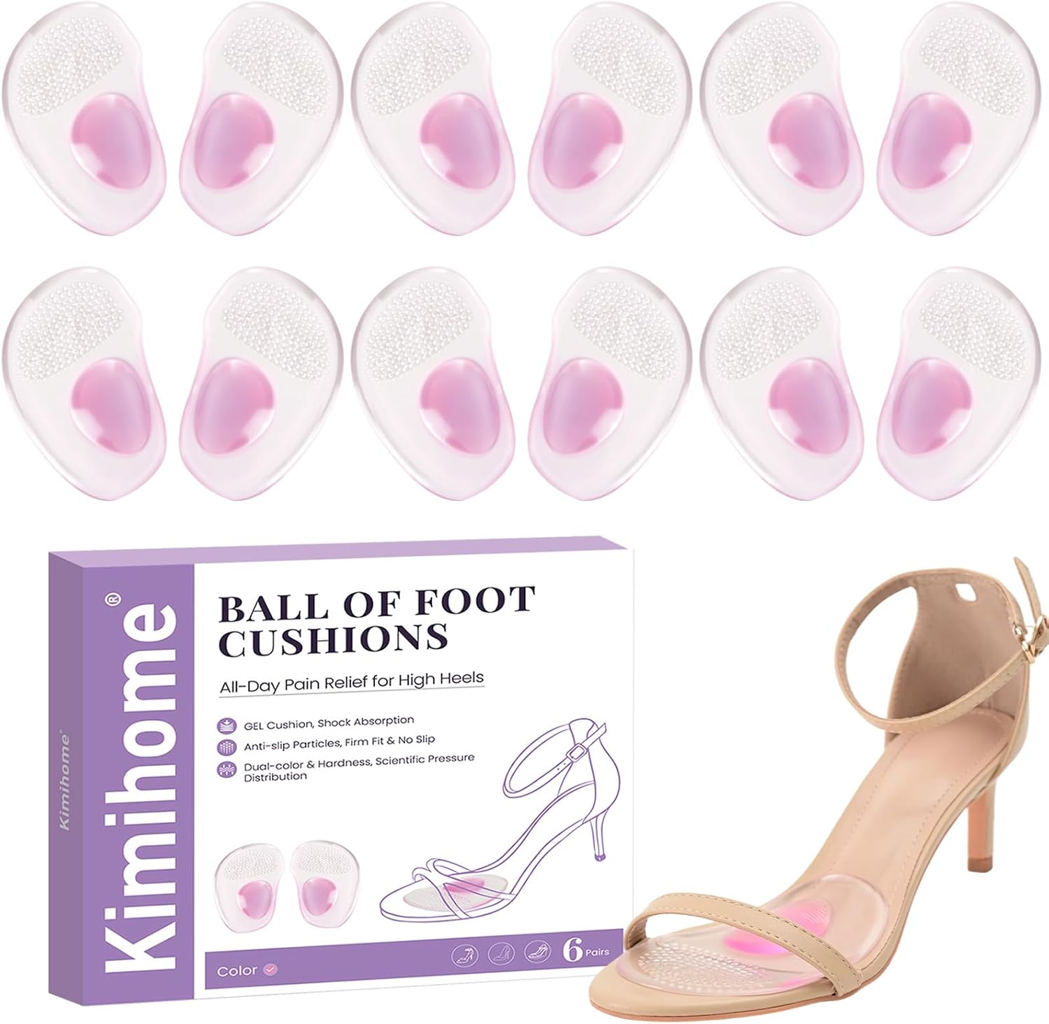6 Pairs Ball of Foot Cushions - Kimihome High Heels Foot Pads for Pain Relief & All Day Comfort - Metatarsal Pads for Women & Men,One Size Fit Most