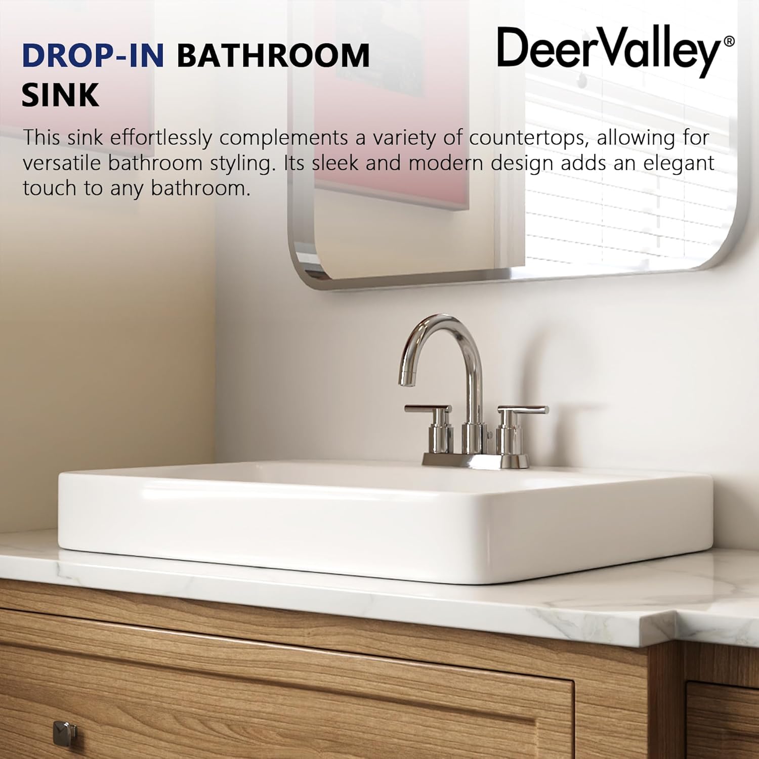 DeerValley 24x19 Inch Semi-Recessed Drop-In Bathroom Sink, White Ceramic Vessel with 4-Inch 3-Hole Faucet Setup and Overflow, Model DV-1DS0332
