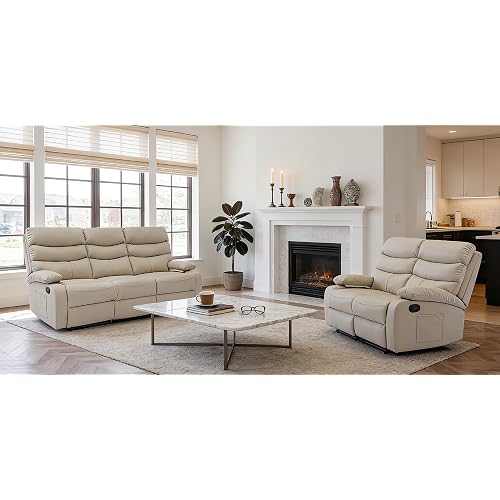 Reclining Couch Sofa Set Leather Recliner Couch Sofa and Loveseat Sets for Living Room, RV, Theater Seating(3 Seat Sofa+Loveseat,Beige)
