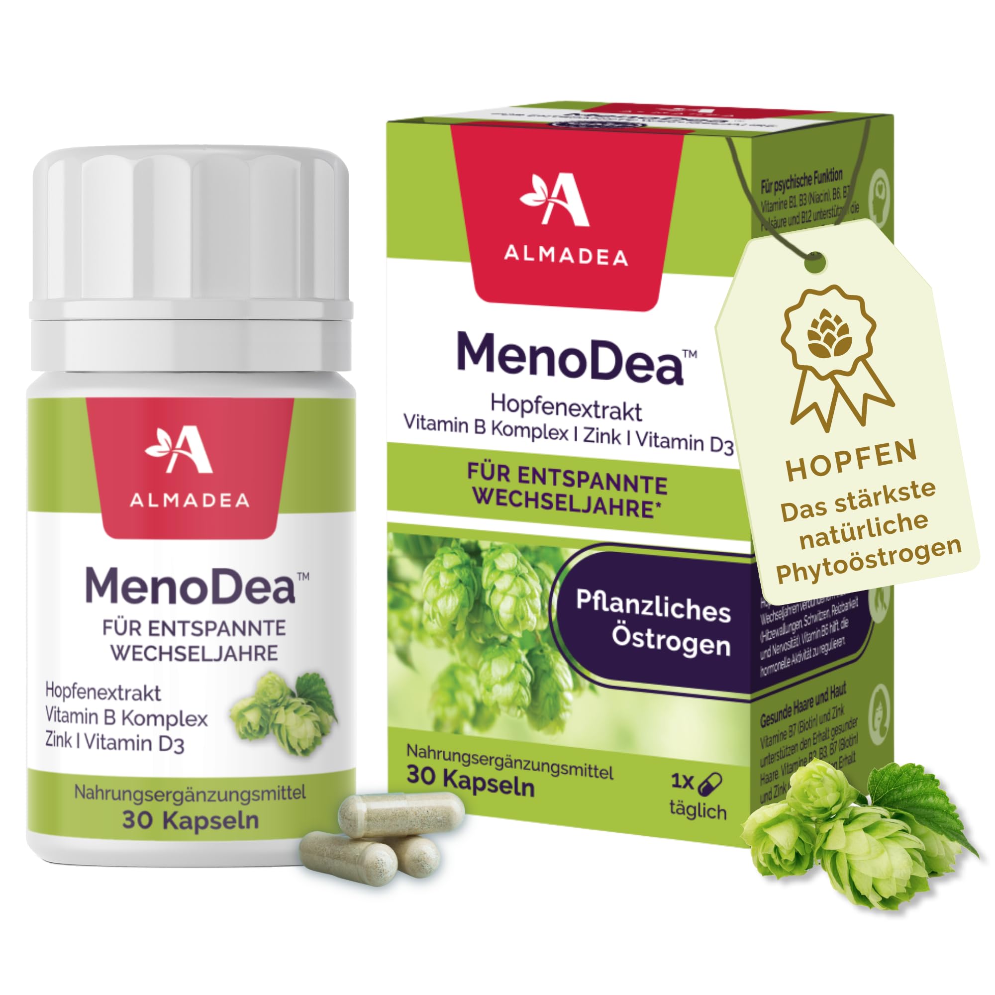 MenoDea – Wechseljahre natürlich unterstützen, Mit Hopfenextrakt (8-Prenylnaringenin), Für mehr Balance bei Hitzewallungen, Schlaf & Stimmung, 100% pflanzlich, 30 Tage Vorrat (1 Packung)