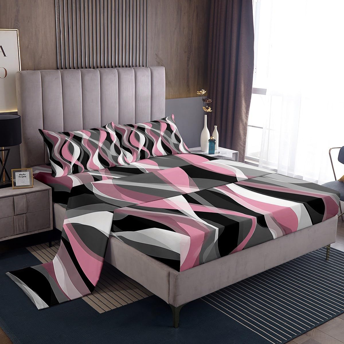 Feelyou Pink Grey Black Stripes Sheet Set King Size Kids Geometric Sheets with Deep Pocket Fitted Sheet for Boys Teens Geometric Bed Sheets Set Breathable Modern Striped Art Abstract Art Room Decor