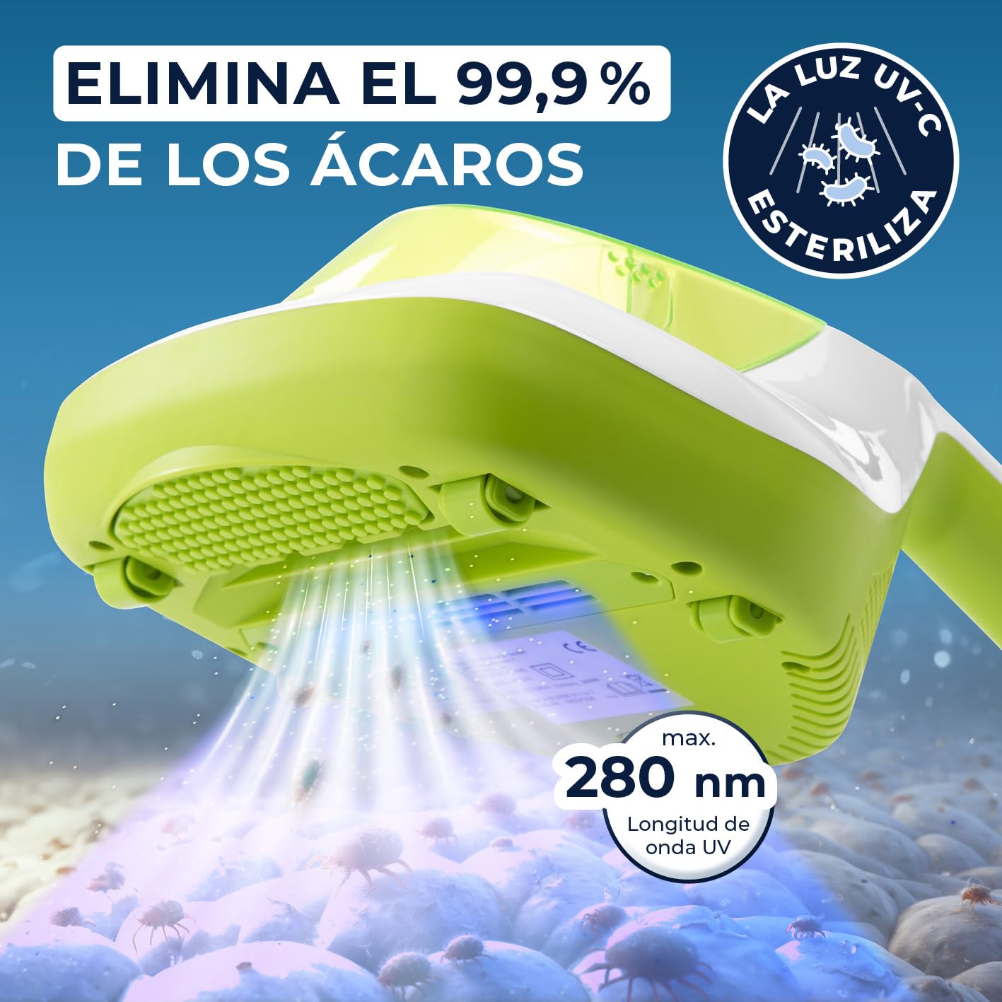 CLEANmaxx Aspirador antiácaros | Luz UV-C, Filtro EPA-11 | para alérgicos | Destruye el 99,9% de los ácaros, bacterias y chinches de la Cama