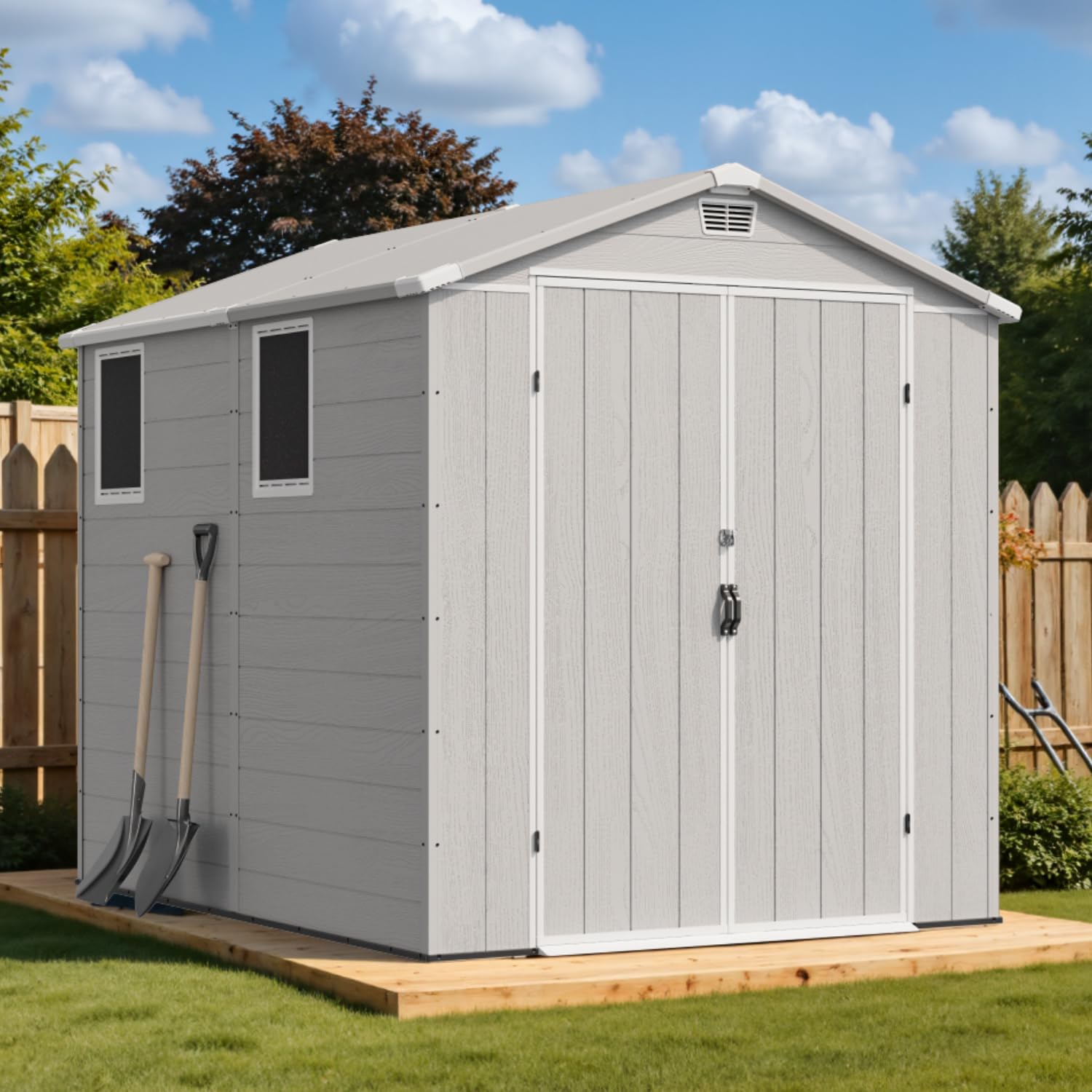 Devoko 6x8 FT Resin Storage Shed with Floor, Outdoor Plastic Garden Shed with Window, Waterproof Tool Storage Shed with Lockable Door for Backyard,