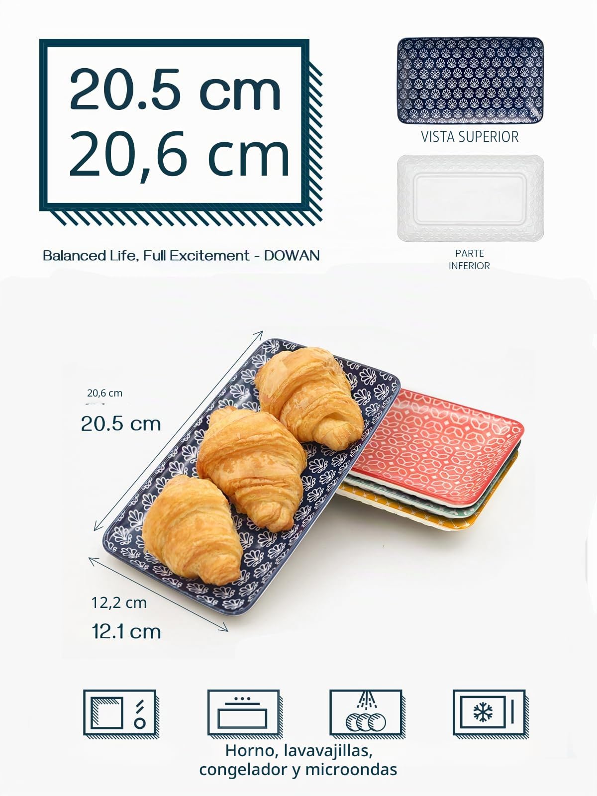 DOWAN Juego de 6 Platos para Servir - 20,5 x 12,1 cm Platos de Cena Rectangulares para Aperitivos, Sushi, Fruta, Ensalada, Postre - Apto para Microondas/Horno/Lavavajillas - Multicolor