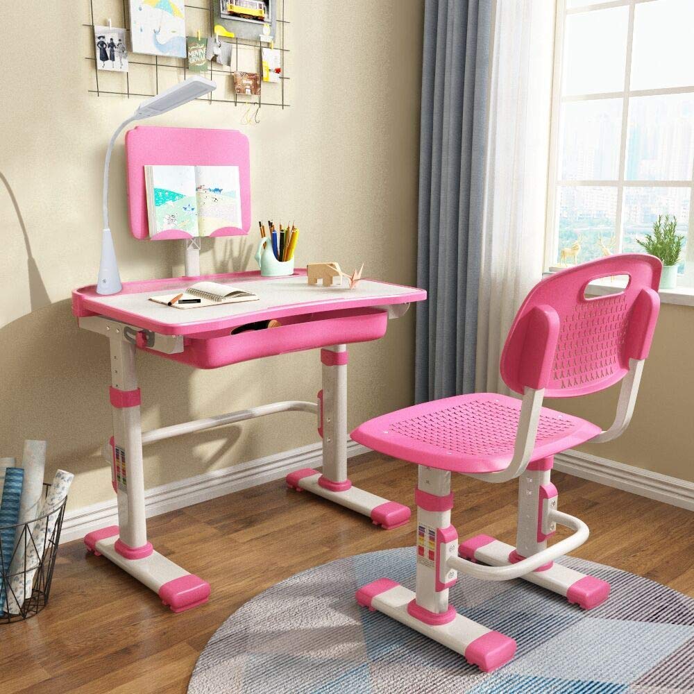 Yinleader Kids Desk and Chair Set,Height Adjustable,Spacious Storage Drawer,with Adjustable Tilted Desktop, Bookstand, Touch Led Lamp for School Student(Pink)