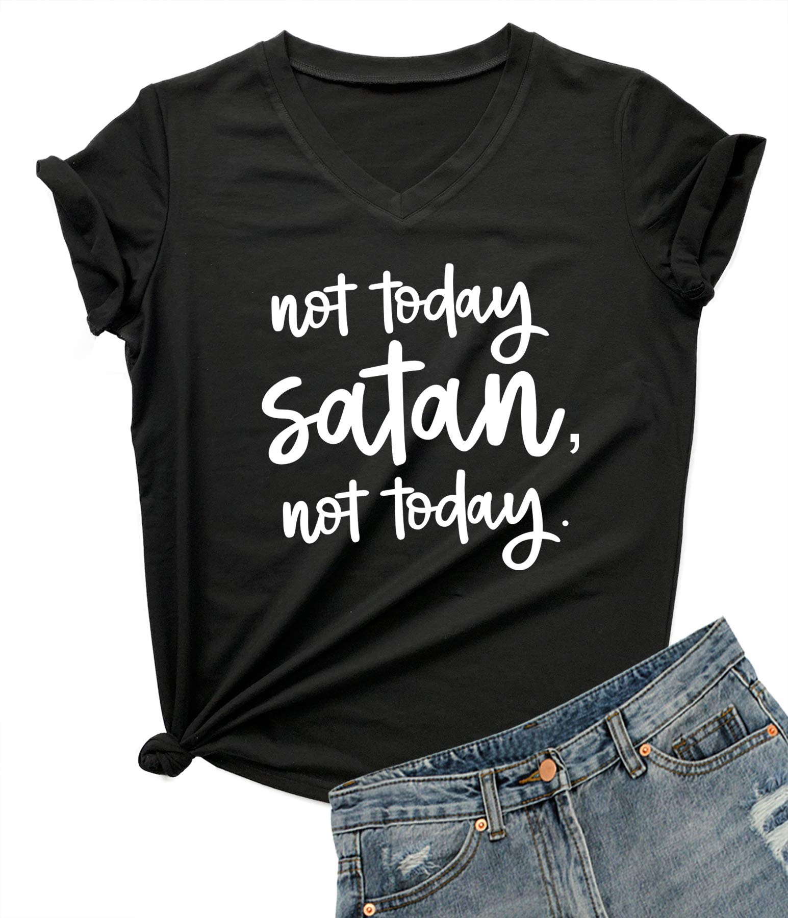 DANVOUY Women Not Today Satan V-Neck Graphic T-Shirt Casual Tops Tees