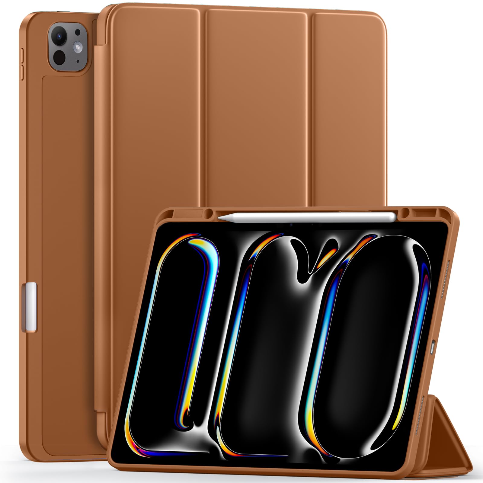 LEOMARON Compatible with iPad Pro 13 Inch Case 2024 M4 with Pencil Holder, Soft TPU Back Cover for iPad 13 Pro Case, Trifold Stand, Support Pencil Pro and Pencil (USB-C), Auto Wake/Sleep, Brown