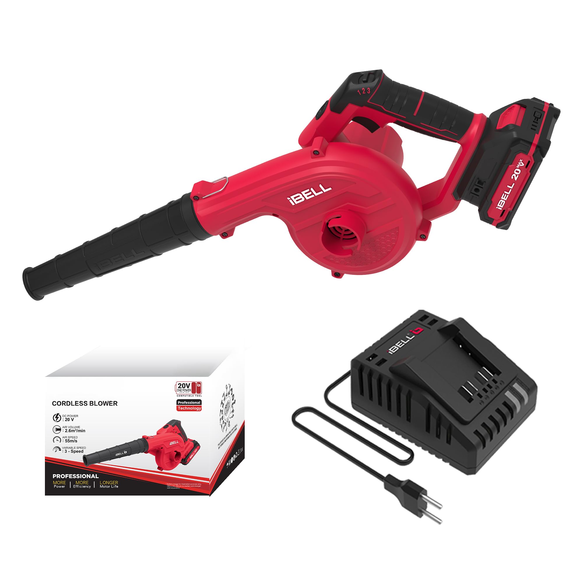 CB20-68 2-in-1 Cordless Blower | 20V Motor, 2.6M³/Min Air Volume, 55M/S Air Speed, 3 Speed Settings, Blowing & Vacuuming Function | 2.0Ah Battery & Charger | Red | 6-Months Warranty