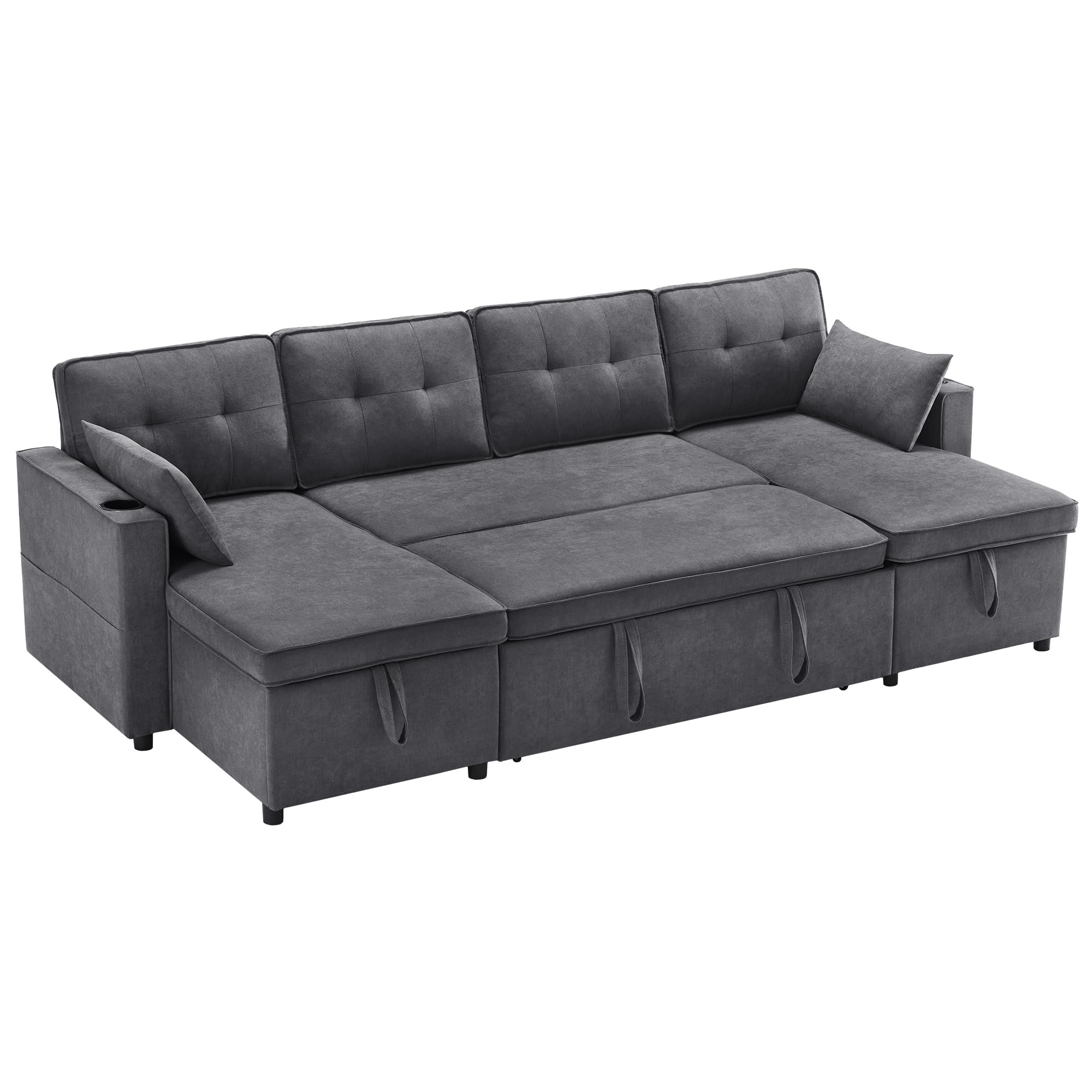 Design moderno, mobili imbottiti, divano a 4 posti, divano a forma di U, divano letto con funzione di sonno, tessuto di lino, con porta bevande, due alloggi, adatto per famiglie, soggiorni e altri