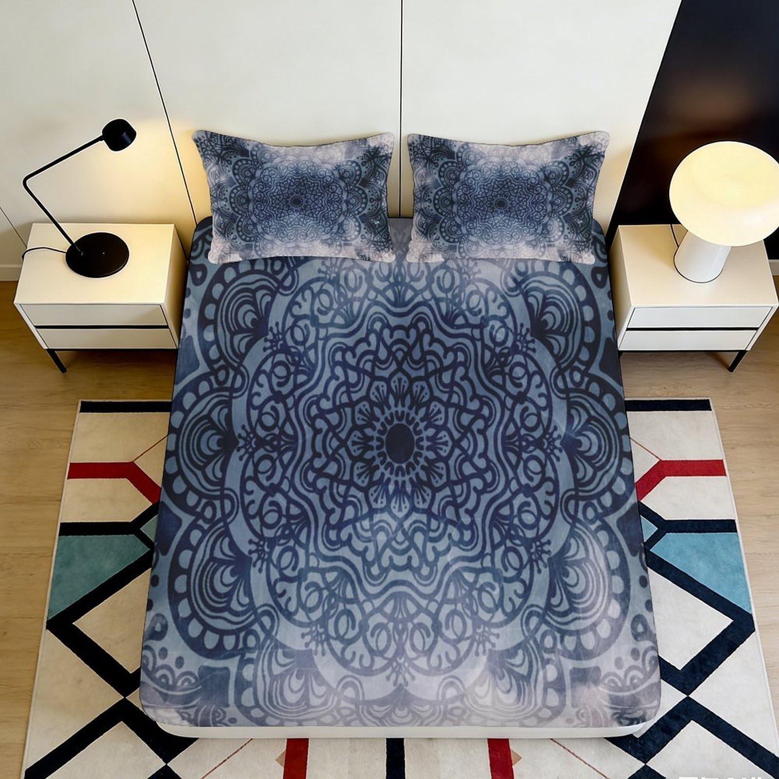 3D Printed Mandala Pattern Fitted Sheet Microfiber Soft Blue Decor Lotus Design Mattress Cover Bedroom Dorm 140x200x25cm