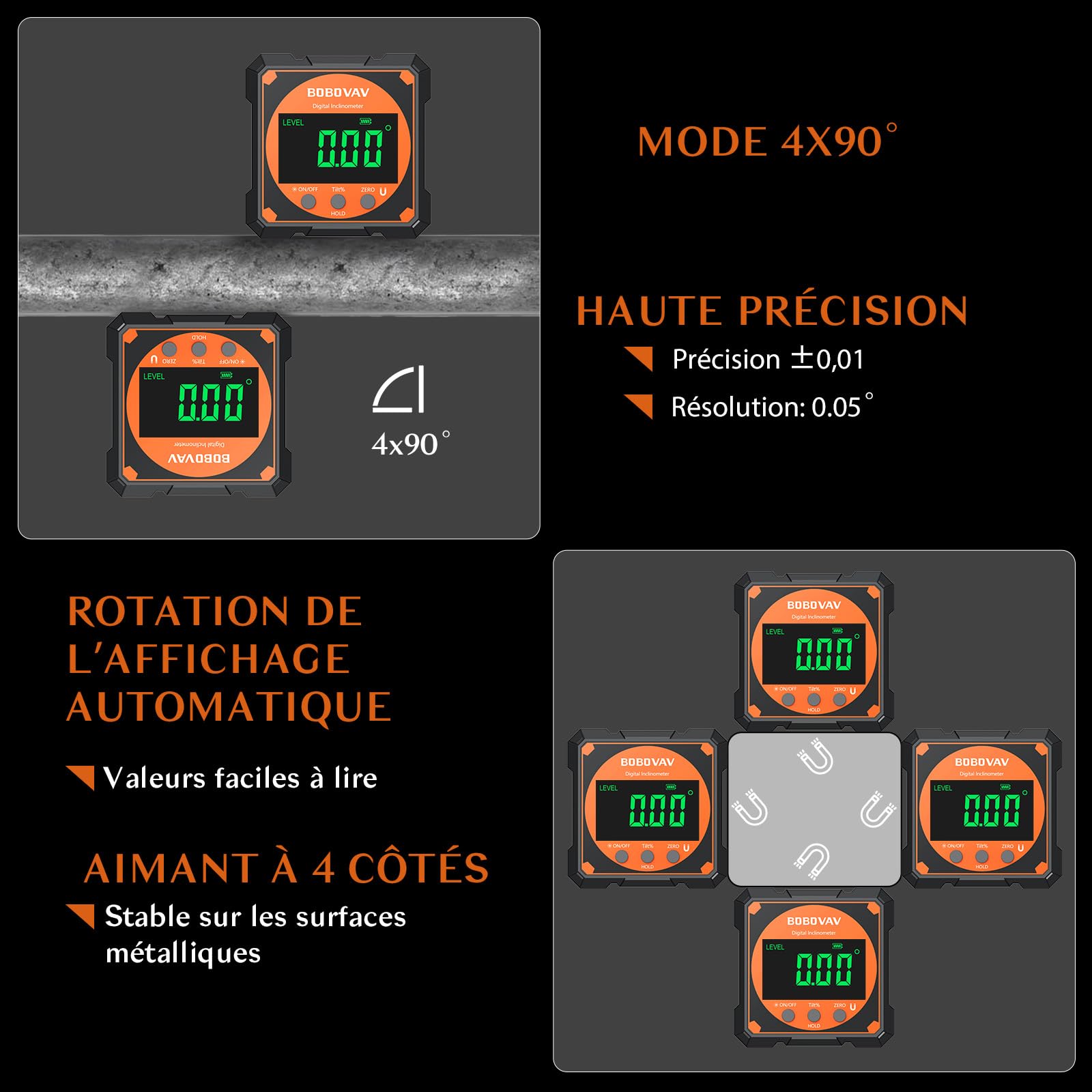 4 * 90°Inclinomètre Numérique Rechargeable avec 2 Laser,0.05°Rapporteur d'Angle Digital 4 Faces Magnétiques,Niveau Électronique Étanche IP54 avec LCD VA,pour Menuiserie,Charpente & Bricolage