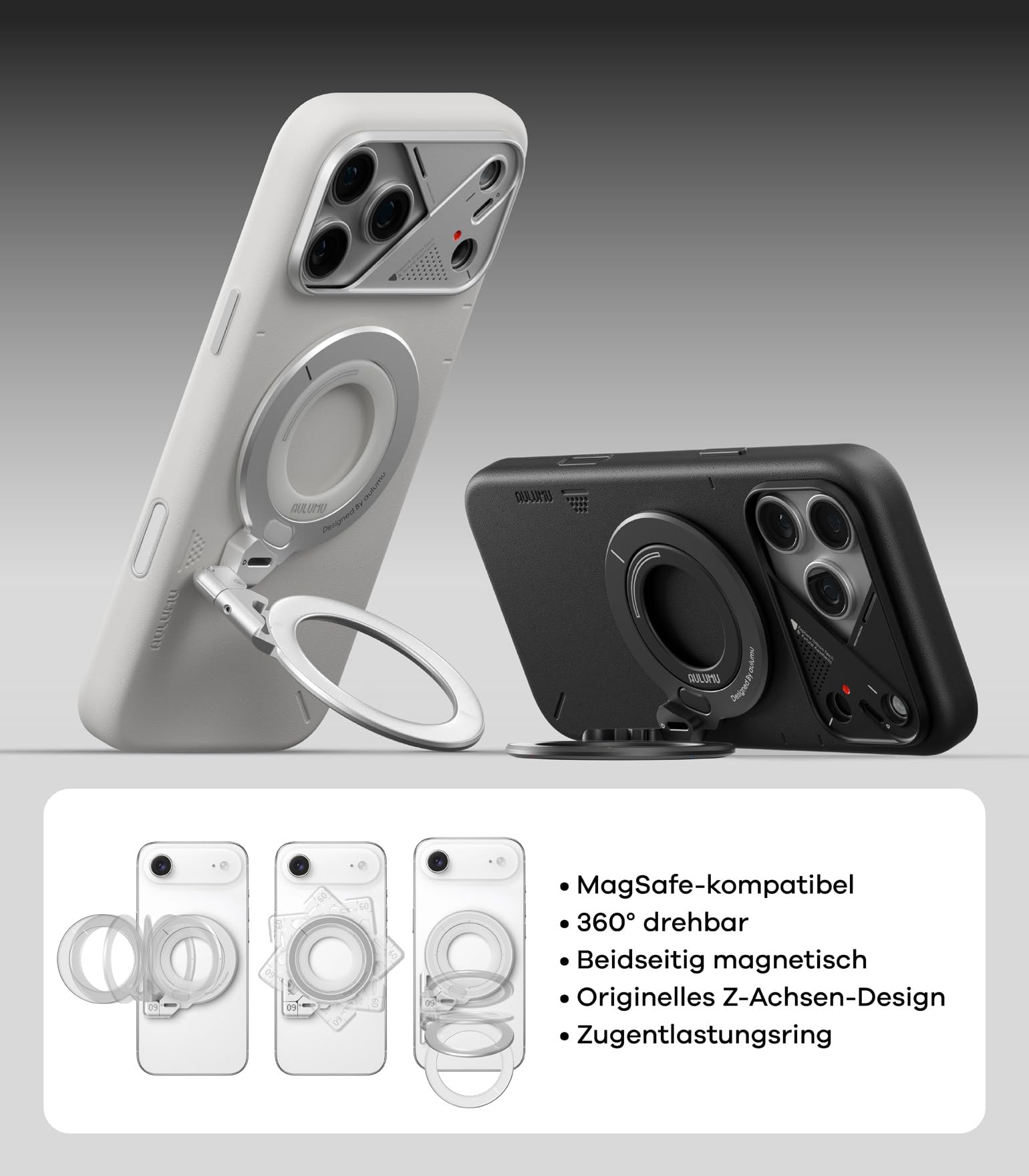 Aulumu G09 Handy Ring Halterung für MagSafe Ring 360° Drehung Handy Griff und Stand, Aluminium Doppelseitige Magnetische Fingerhalter für iPhone 17 16 15 14 Pro Max und Handyhülle für Samsung, Schwarz