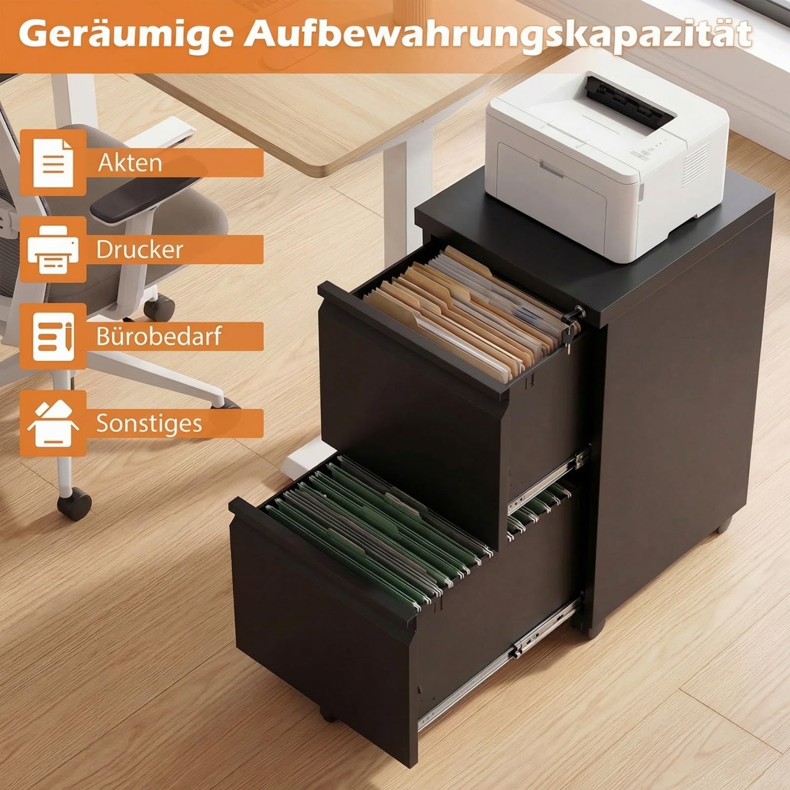 COSTWAY Pojemnik na kółkach zamykany z metalu, szafka na dokumenty pod biurkiem, kontener biurowy z 2 szufladami i wiszącą rejestrem na dokumenty, szafka metalowa z 5 kółkami, 44 x 37 x 67 cm (czarny)