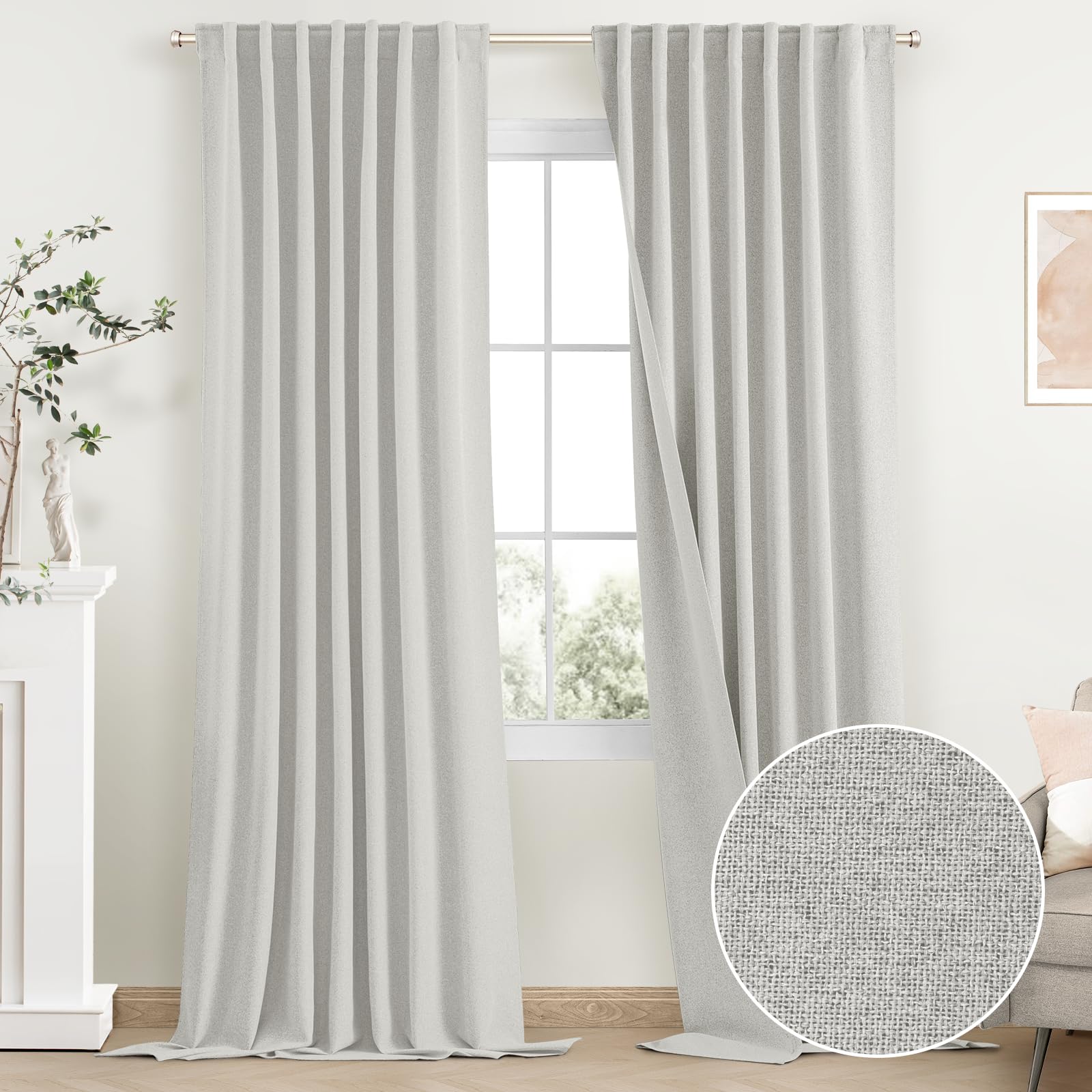 SimpleHome White Linen 100% Blackout Curtains for Living Room,84 Inch Length Farmhouse Back Tab Textured Curtains for Bedroom,2 Panels,52" W x 84" L