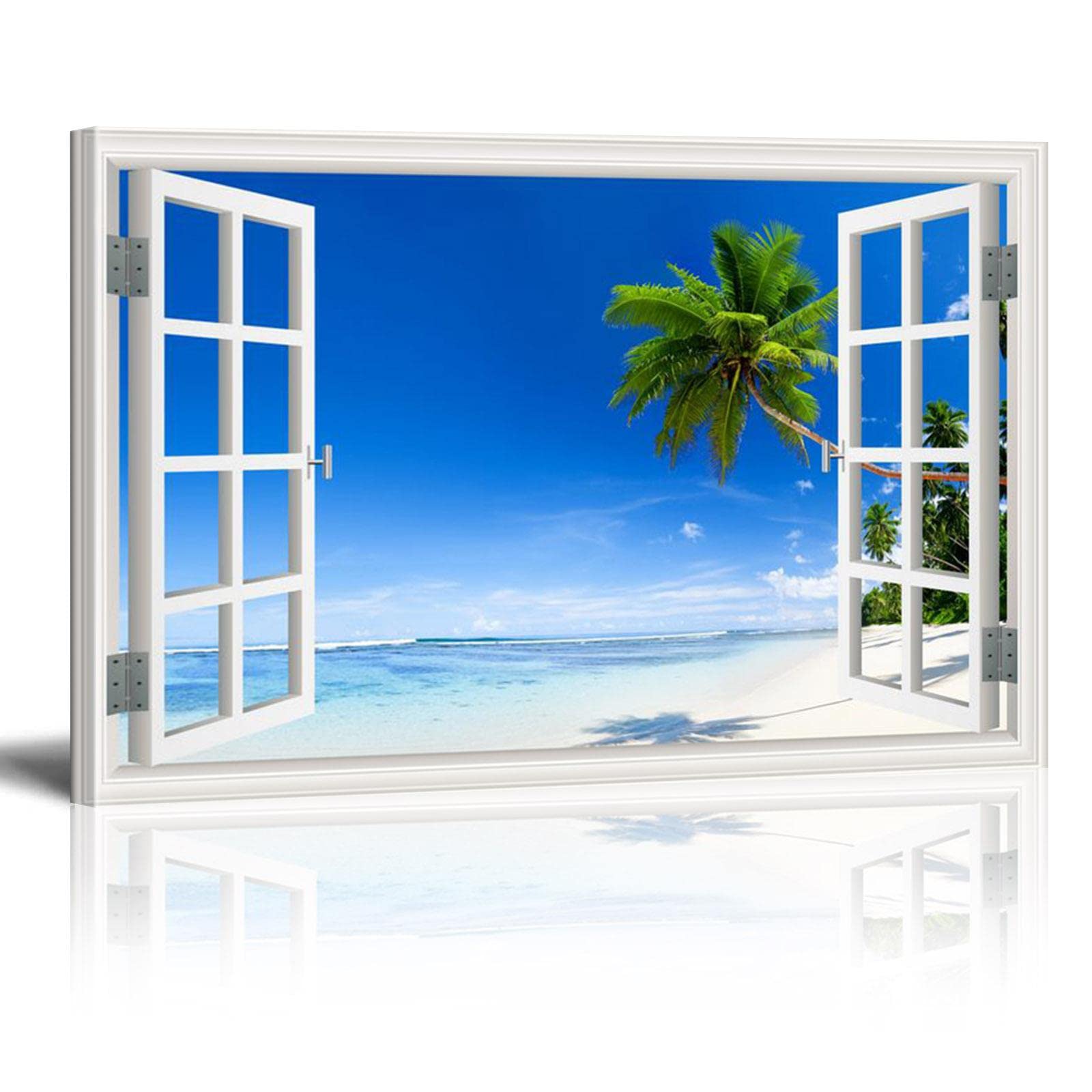 HOLEILUCK Beach Window Mural Canvas Print Wall Art Pictures for Living Room Modern With Frames Ready to Hang 120x75cm/47x30in With Frame — image 1