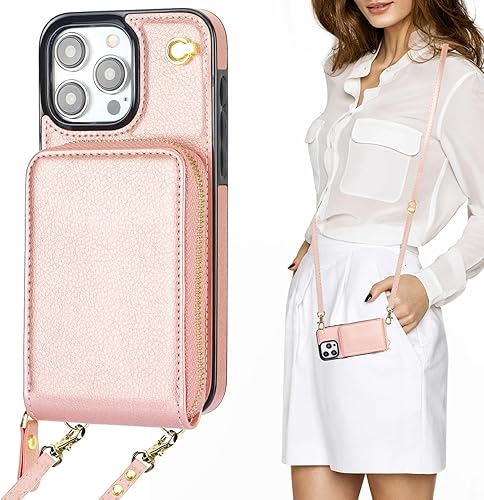 Miniatura 9 de KIHUWEY Funda tipo cartera cruzada para iPhone 15 Pro Max, funda de bolsillo con cremallera y soporte para tarjetas, funda protectora de piel