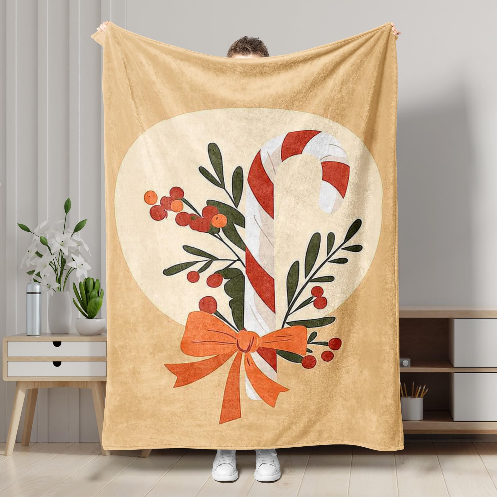 Christmas Candy Cane Throw Blanket, Beige Cozy Floral Winter Holiday Decor Blanket, Soft Flannel Warm Sleep Blanket for Sofa, Bed, All Season 50x60 Inch