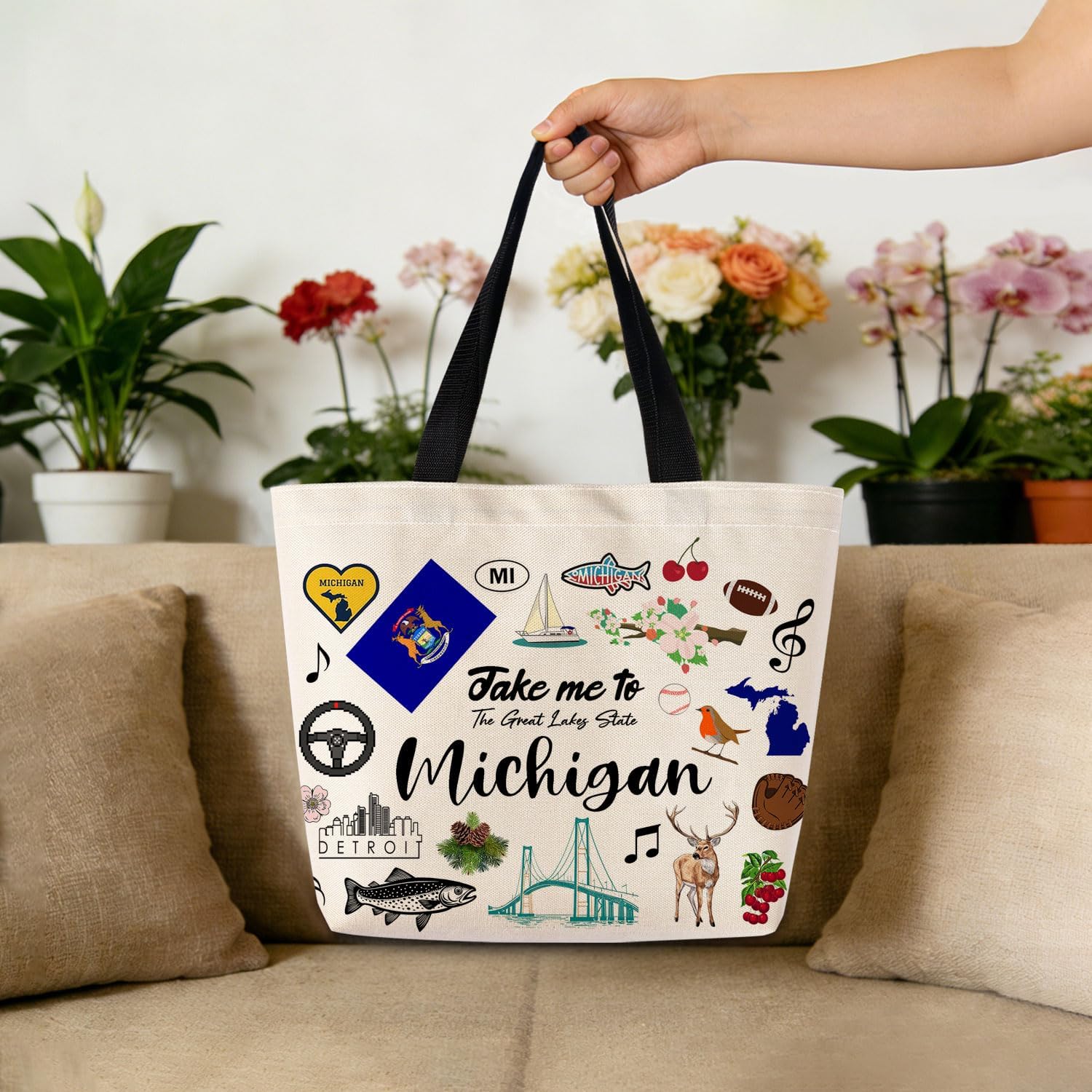 Take Me To Michigan Tote Bag Reusable Grocery Bags Aesthetic Shopping Shoulder Handbag with Interior Pocket Lightweight & Washable Stylish Michigan Travel Present for Women - Image 3