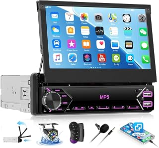SIXTOP 1 din Autoradio mit 7 Zoll versenkbarem Bildschirm, Single Din Radio Autoradio mit Wired Mirrorlink,Bluetooth Freisprecheinrichtung FM Type-C 2USB AUX EQ MIC SWC+Rückfahrkamera