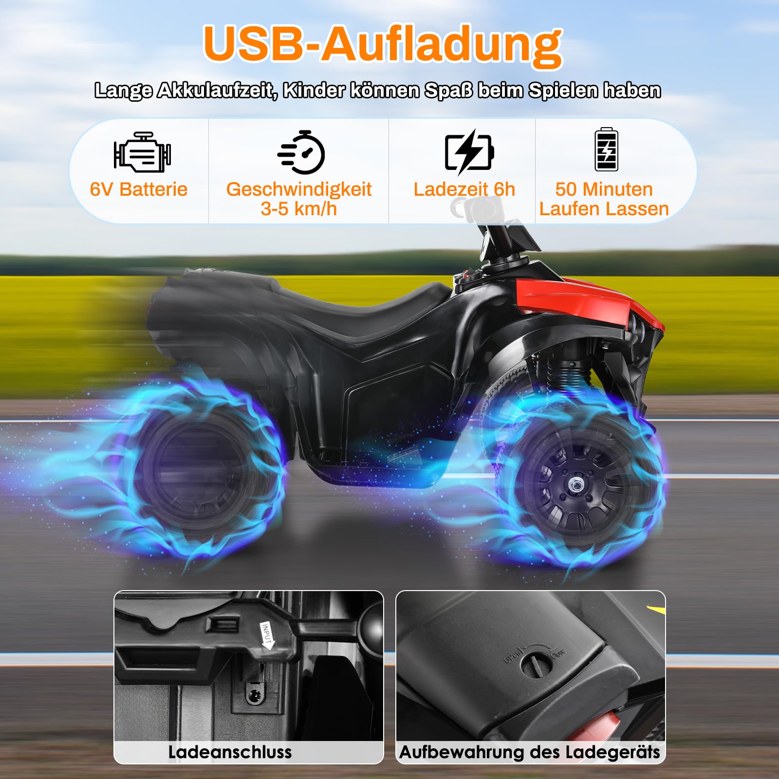 MAMIZO 6V Quad électrique Enfant, Voiture électrique Enfant 3 KM/H, 3-5 Ans | Quad Moto Électrique, avec MP3, Trompette & LED Phare, Fonction marche avant/arrière, 4 roues, Rouge