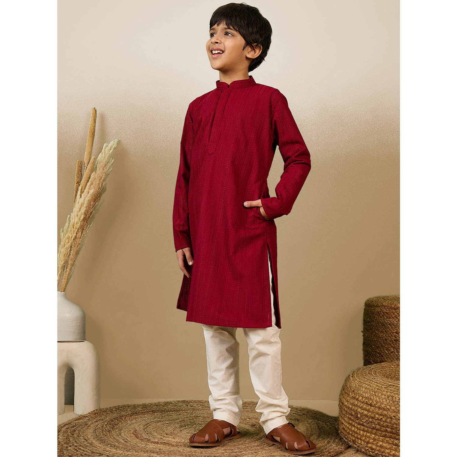 Sanwara Chic & Classic Boys Solid Maroon Chikankari Designer Cotton Kurta 26( 3