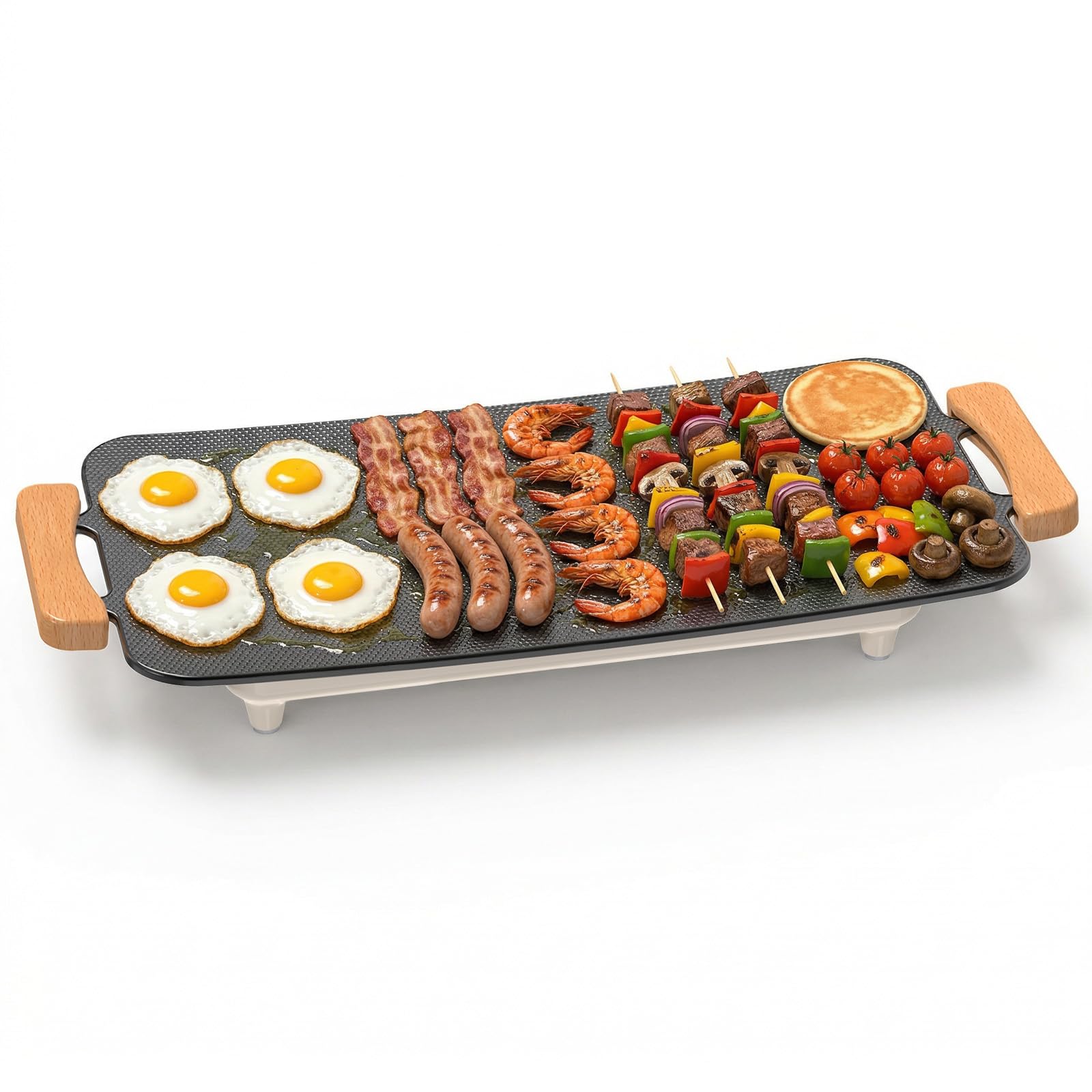 WOOX 1380W Plancha Électrique – Grande Surface (51x30 cm), Antiadhésif, Idéal Repas Famille, Pancakes & Grillades, Chauffe Rapide, Sans PFAS, Poignées en Chêne, Facile à Nettoyer