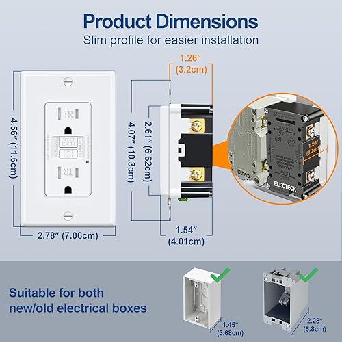 Vista 11 de ELECTECK Paquete de 5 salidas GFCI de 15 amperios, resistentes a manipulaciones (TR), receptáculos GFI de autoprueba con indicador LED, interruptor