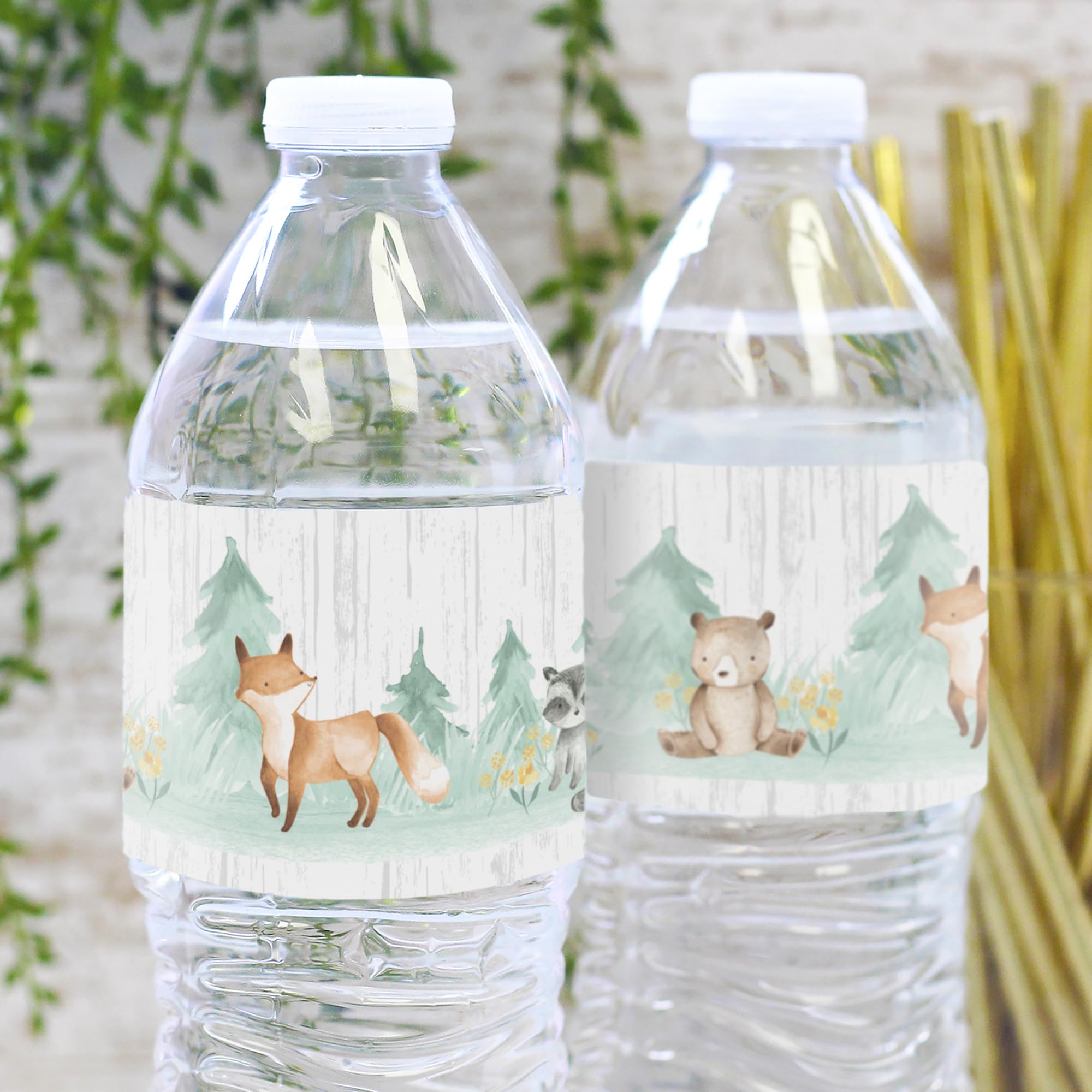Woodland Baby Shower Water Bottle Labels – 20 Count Waterproof Stickers with Watercolor Woodland Creatures for Rustic or Nature-Themed Baby Showers