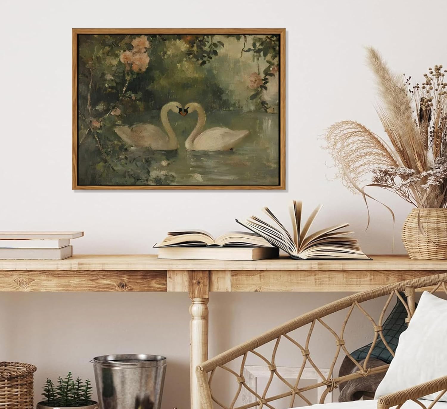 Vintage Canvas Swan Wall Art Sage Green Print Antique Couple Swan Painting Animal Pictures Farmhouse Aesthetic Wall Decor(50x70cm/Frameless)