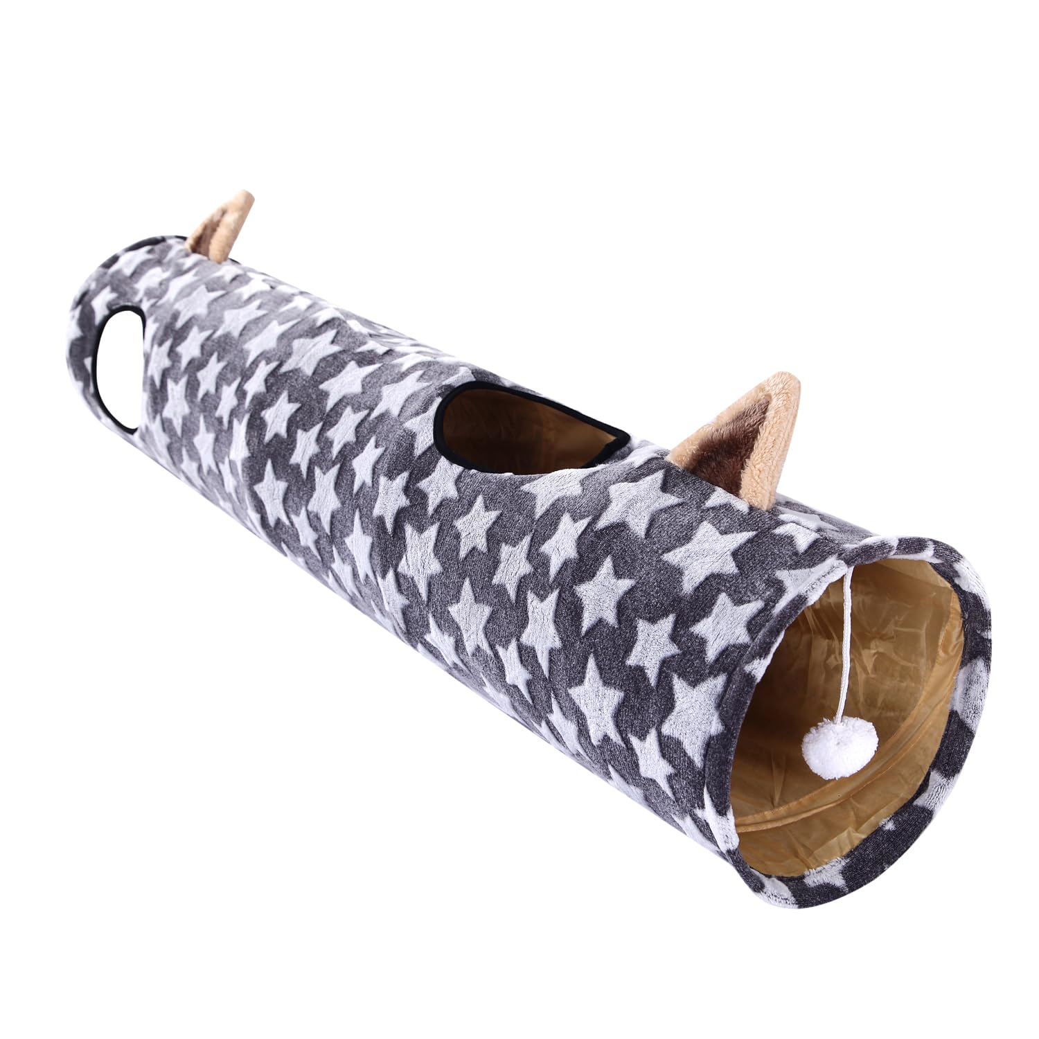 Giocattolo a tunnel per gatti pieghevole con palline di peluche e orecchie carine, per piccoli animali domestici, coniglietti, gattini, furetti, cuccioli e cani, grigio, stella