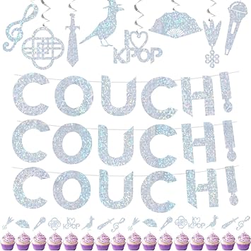 KPOP Theme Party Decor, COUCH! COUCH! COUCH! Glitter Party Banner 16Pcs Cupcake Toppers 8Pcs Dazzling Hanging Swirls, Girls K POP Idol Birthday Wedding Baby Shower Party Decorations