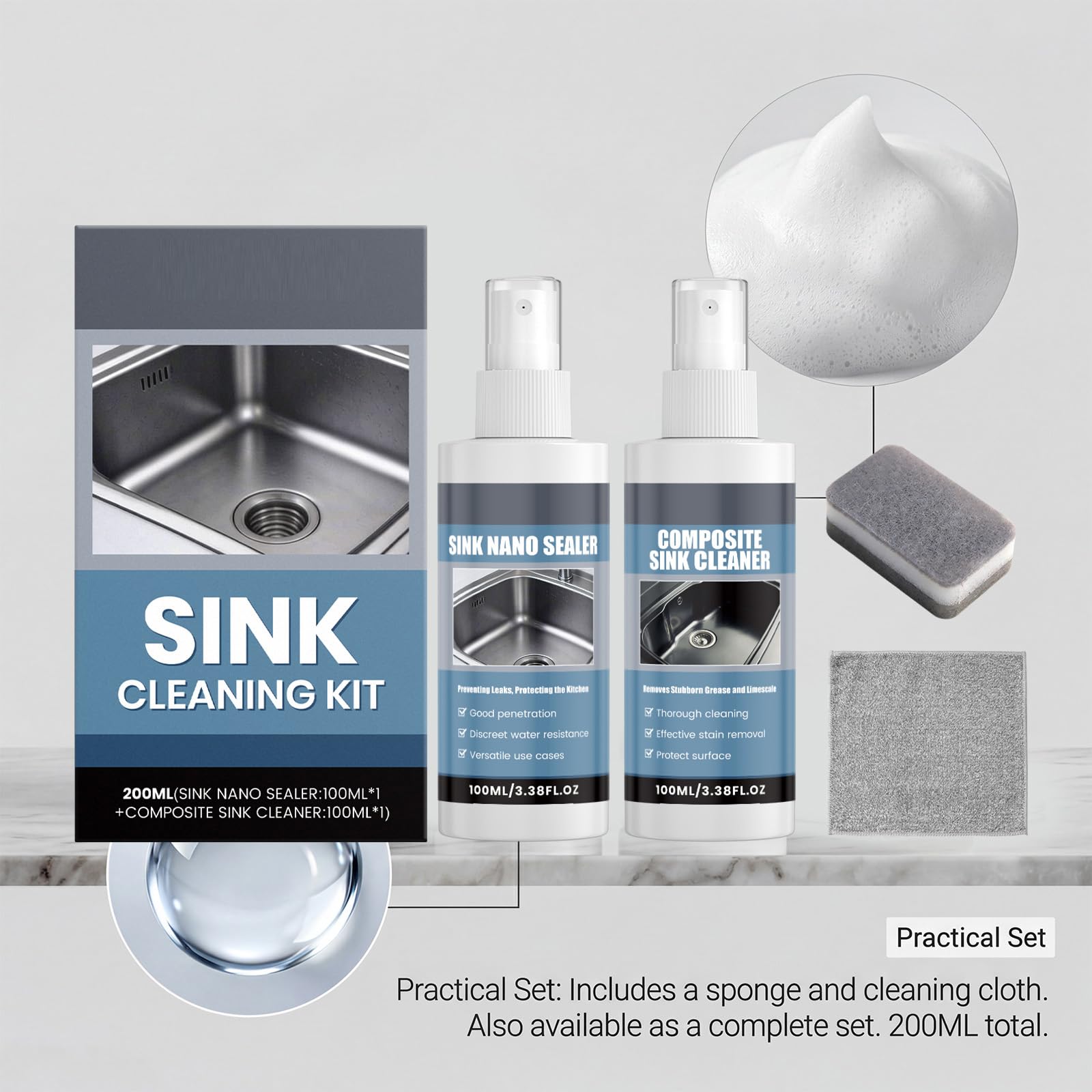 Kit de limpieza de fregadero, limpiador multiusos, limpiador de cocina y baño, elimina eficazmente la cal, la suciedad de jabón y la grasa en el fregadero, forma una capa protectora impermeable (3
