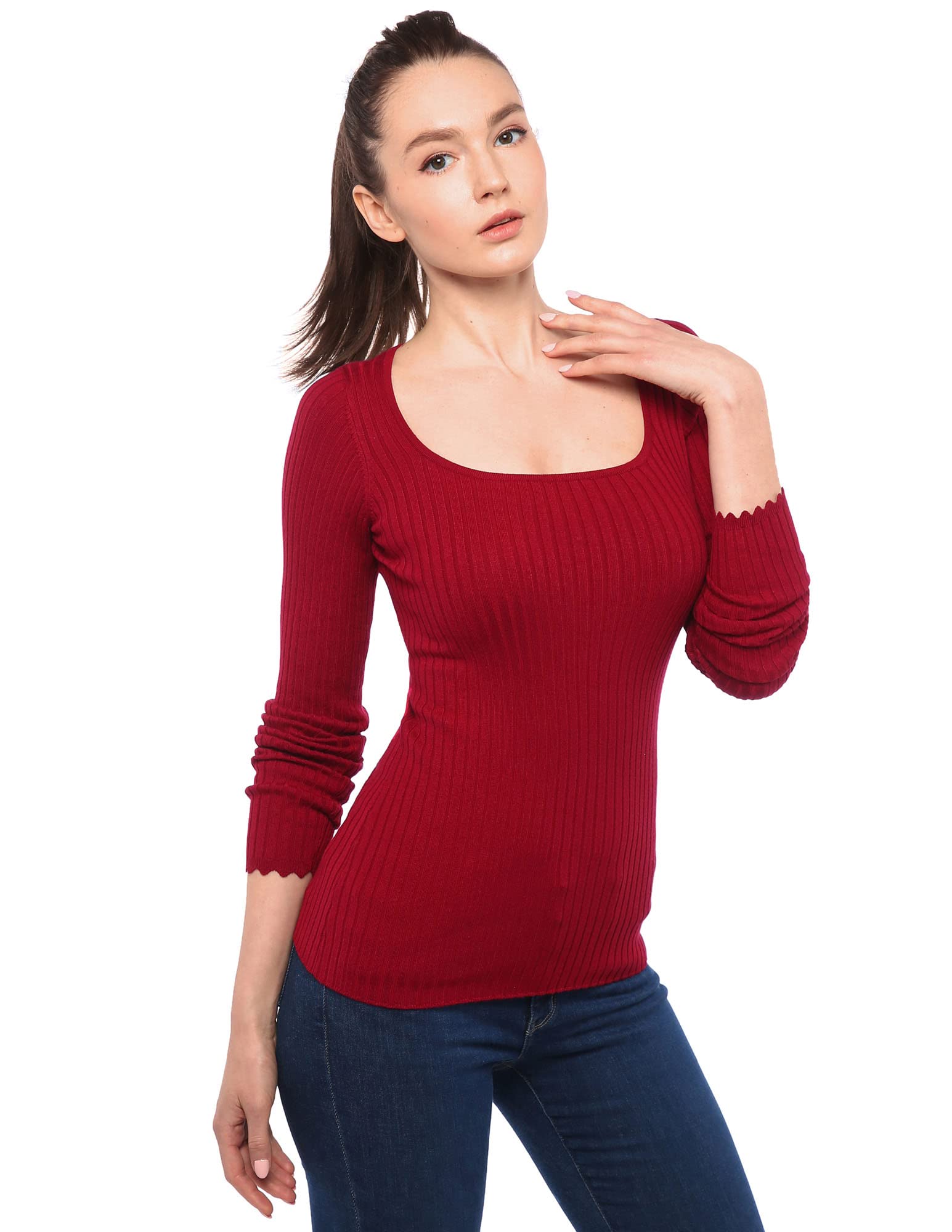 AmélieBoutik Women Scoop Neck Long Sleeve Scalloped Cuff Ribbed Pullover Jumper (Crimson Red Large 14)