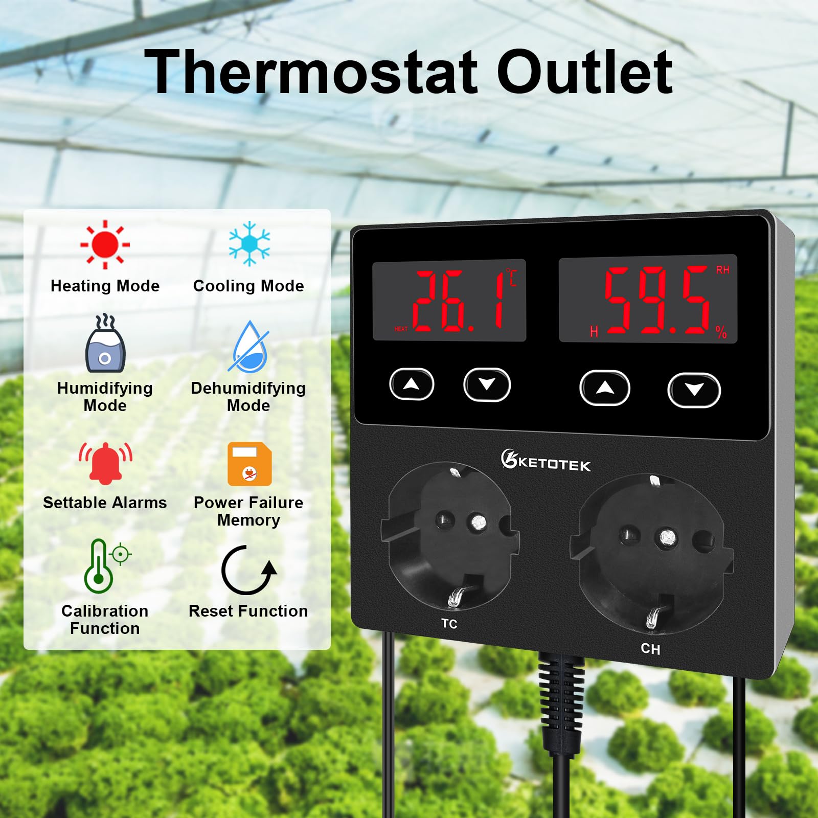 KETOTEK Enchufe con Higrostato Termostato con Sonda, Controlador de Humedad y Temperatura Regulador Digital 220V con Alarma para Terrario Reptil Invernadero Incubadora Humidificador Deshumidificador