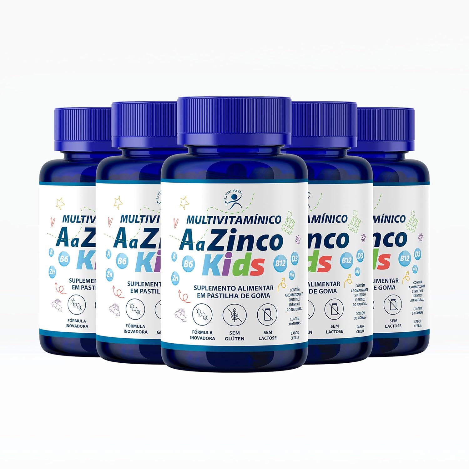 NutriAge – Multivitamínico Aa Zinco Kids – 5 Potes – 150 Gomas – Desenvolvimento e Imunidade – Sabor Cereja