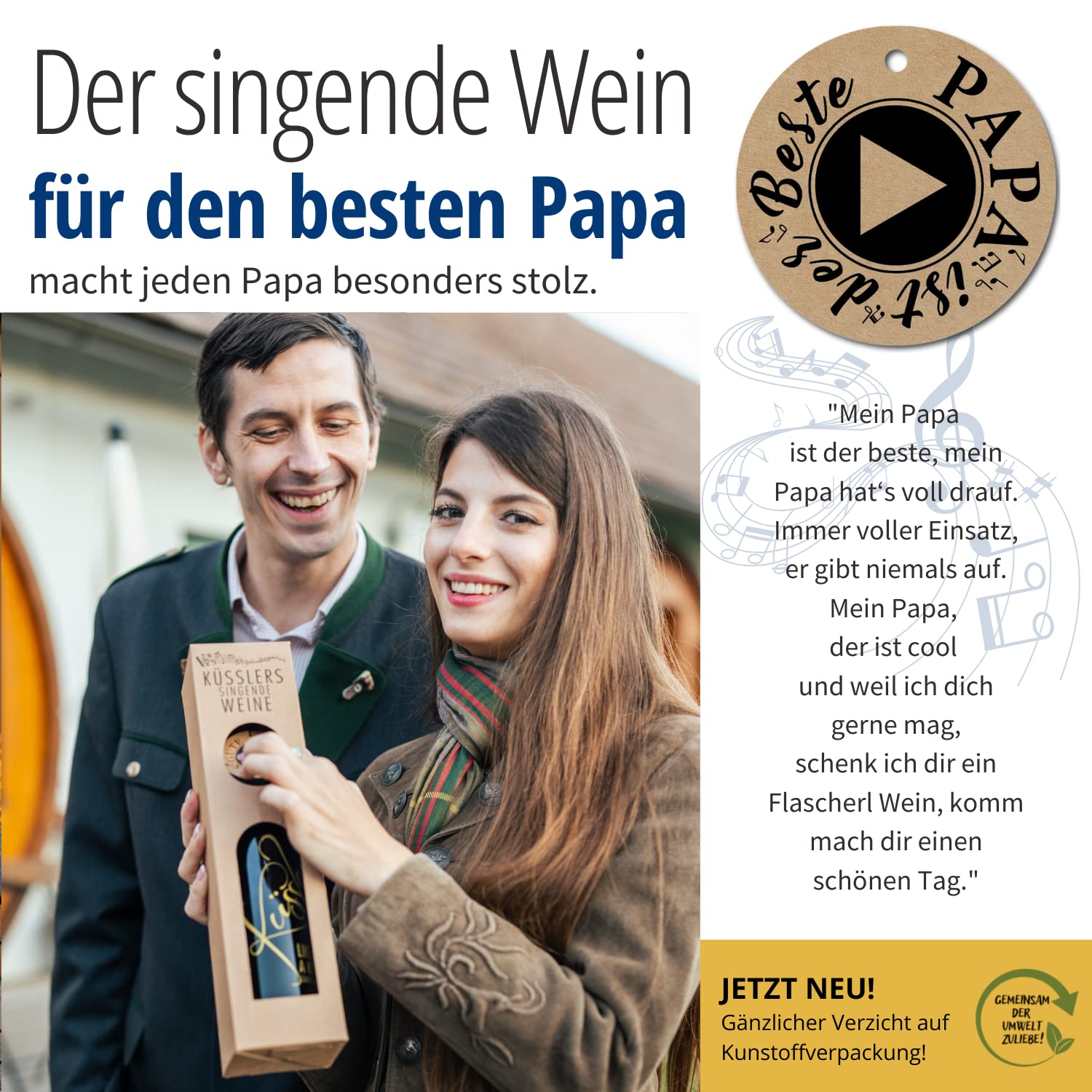 Neu! SINGENDER WEIN für den besten PAPA - ein Cuvée weiß mit eigenem Papa-Song + 2 Gläsern im nachhaltigen Geschenkkarton - das ideale Weingeschenk!