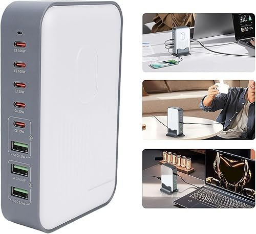 Miniatura 9 de Asixxsix Estación de carga USB, concentrador de carga de 8 puertos de 200 W con carga rápida PD de 2 x 100 W y protecciones de seguridad, para