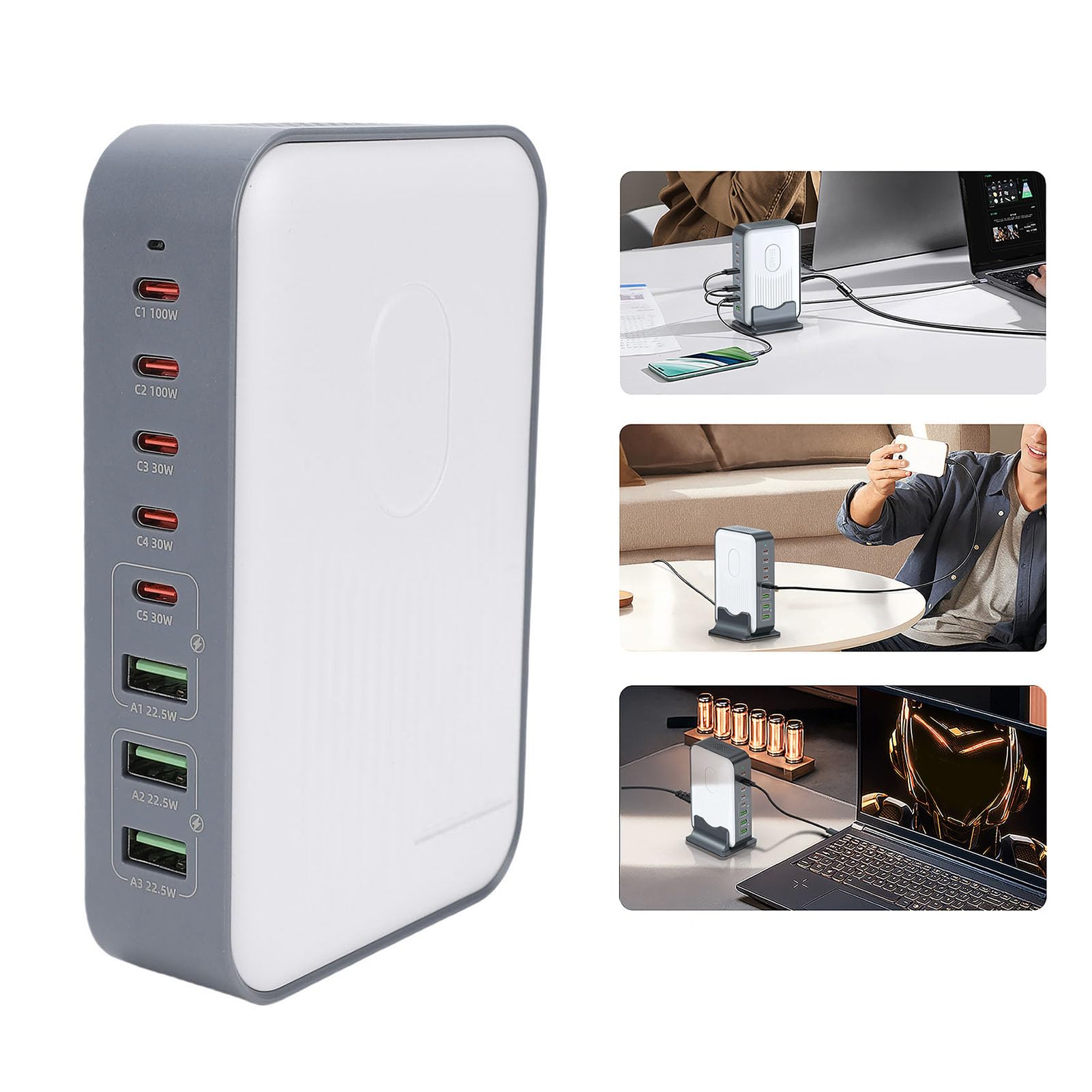 Jectse Caricatore USB C da 200 W, Hub di Ricarica Rapida con 8 Porte USB, Stazione di Ricarica Universale per Telefono Desktop per più Dispositivi Elettronici, Tablet, Laptop (Spina europea)