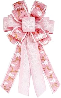 SONGTIY Christmas Tree Topper Bows, Handmade Bowknot with Christmas Tree and Reindeer, 21.3x11.1 Inches Large Size Xmas Decoration for Wedding Birthday New Year Party (Pink)