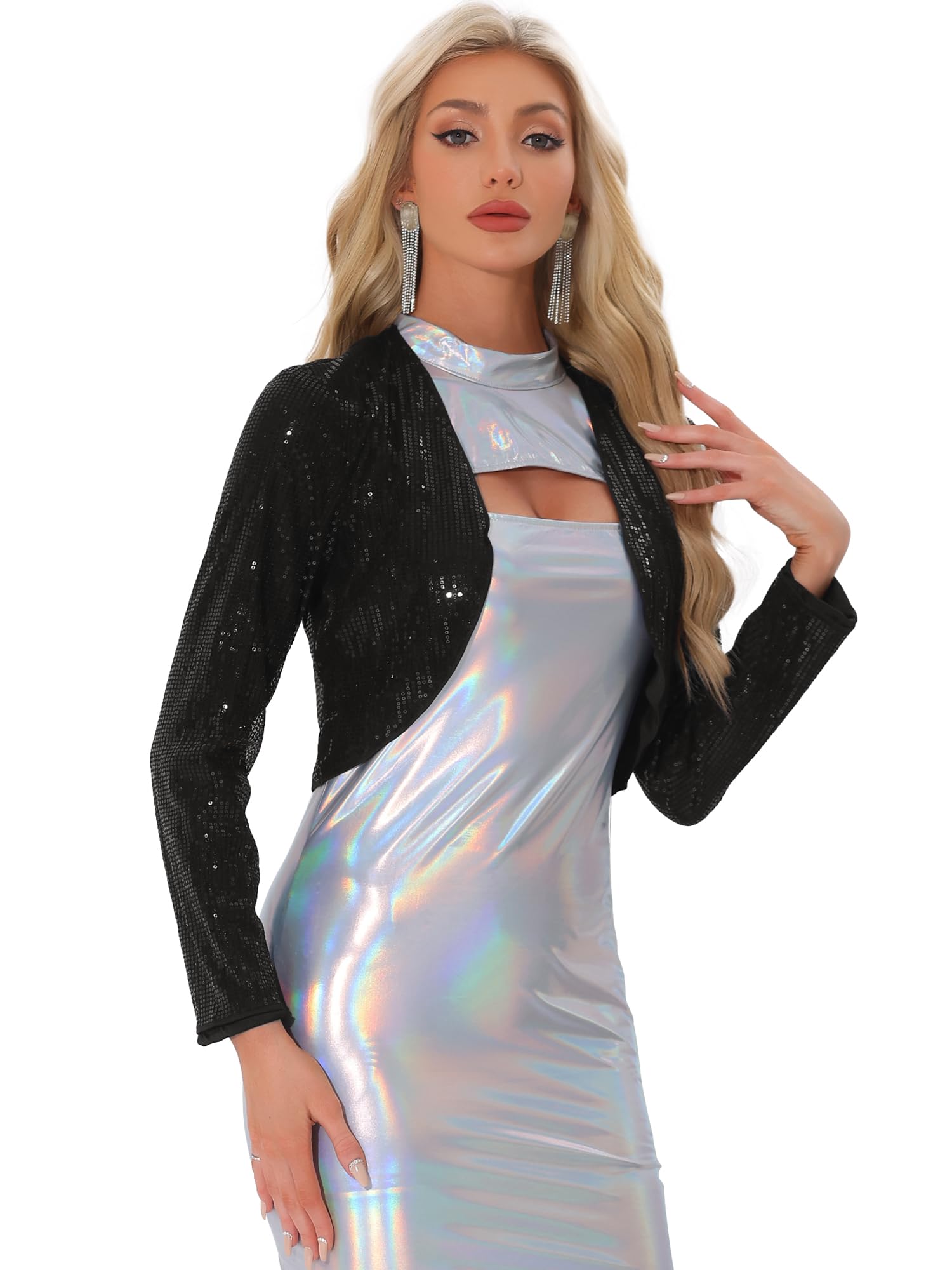 Allegra K Donna Bolero Scintillante con Paillettes Aperto Corto per Festa