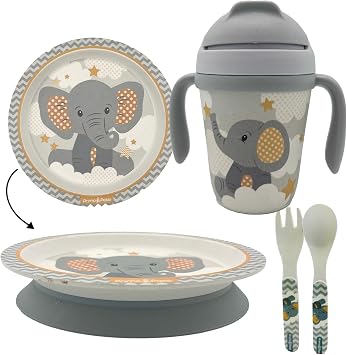 Primo Passi Bamboo Baby Feeding Set with Suction Plate & Cup Toddler Bamboo Plate for Kids Eco-Friendly Baby Dish Set Little Elephant